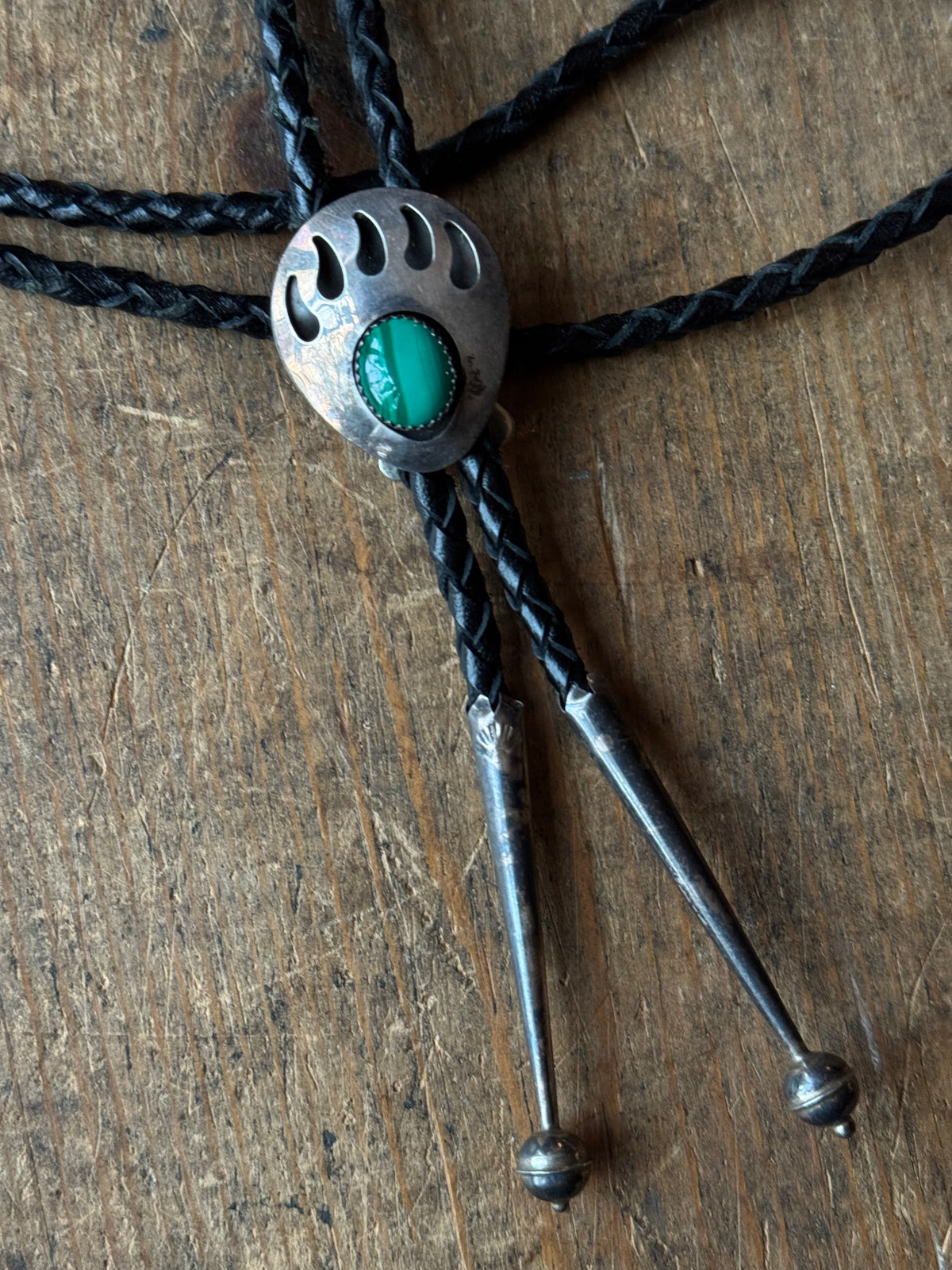 Vintage Sterling Silver Malachite Bear Claw Bolo
