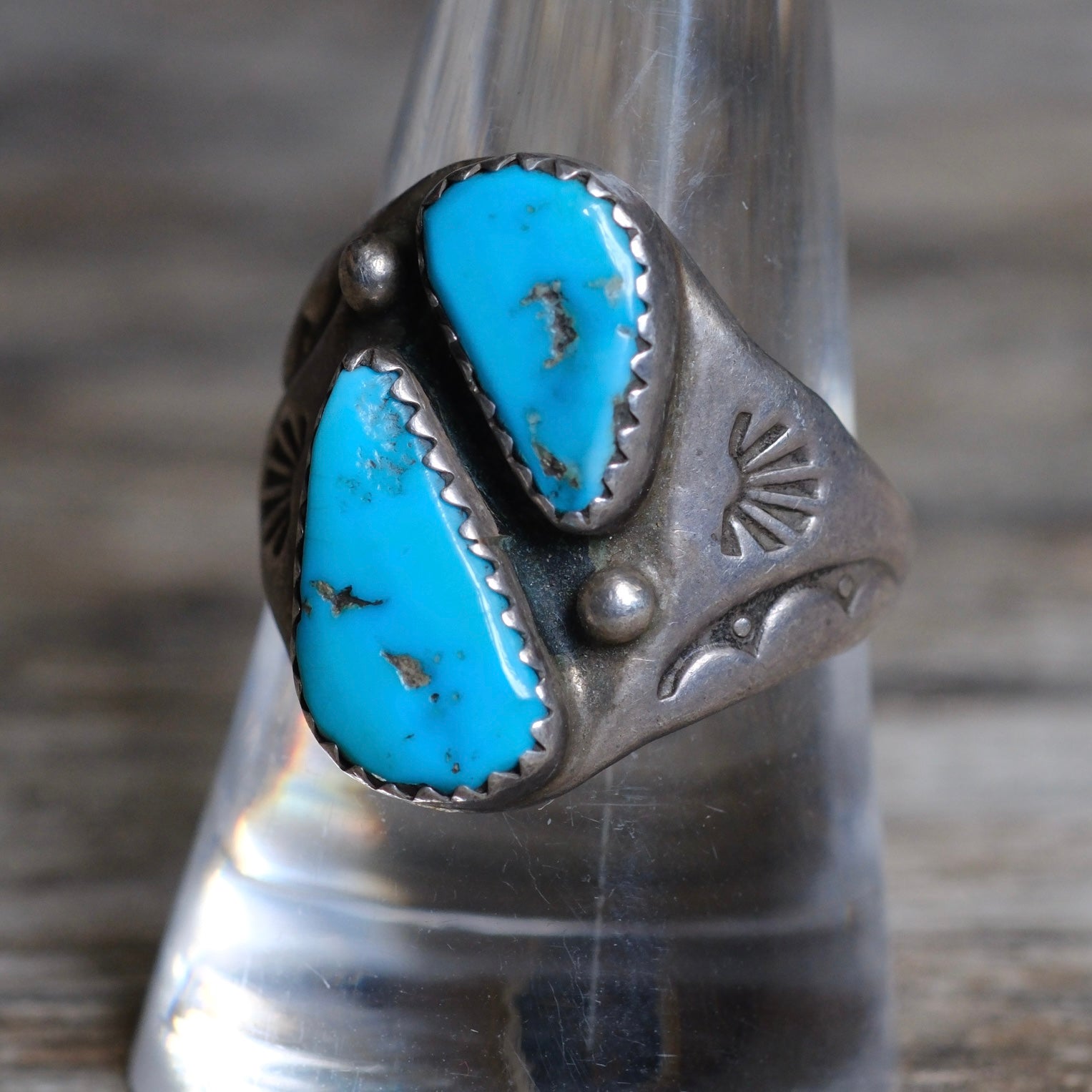 Vintage Sterling 2-Stone Turquoise Stamped Band Ring 9.25