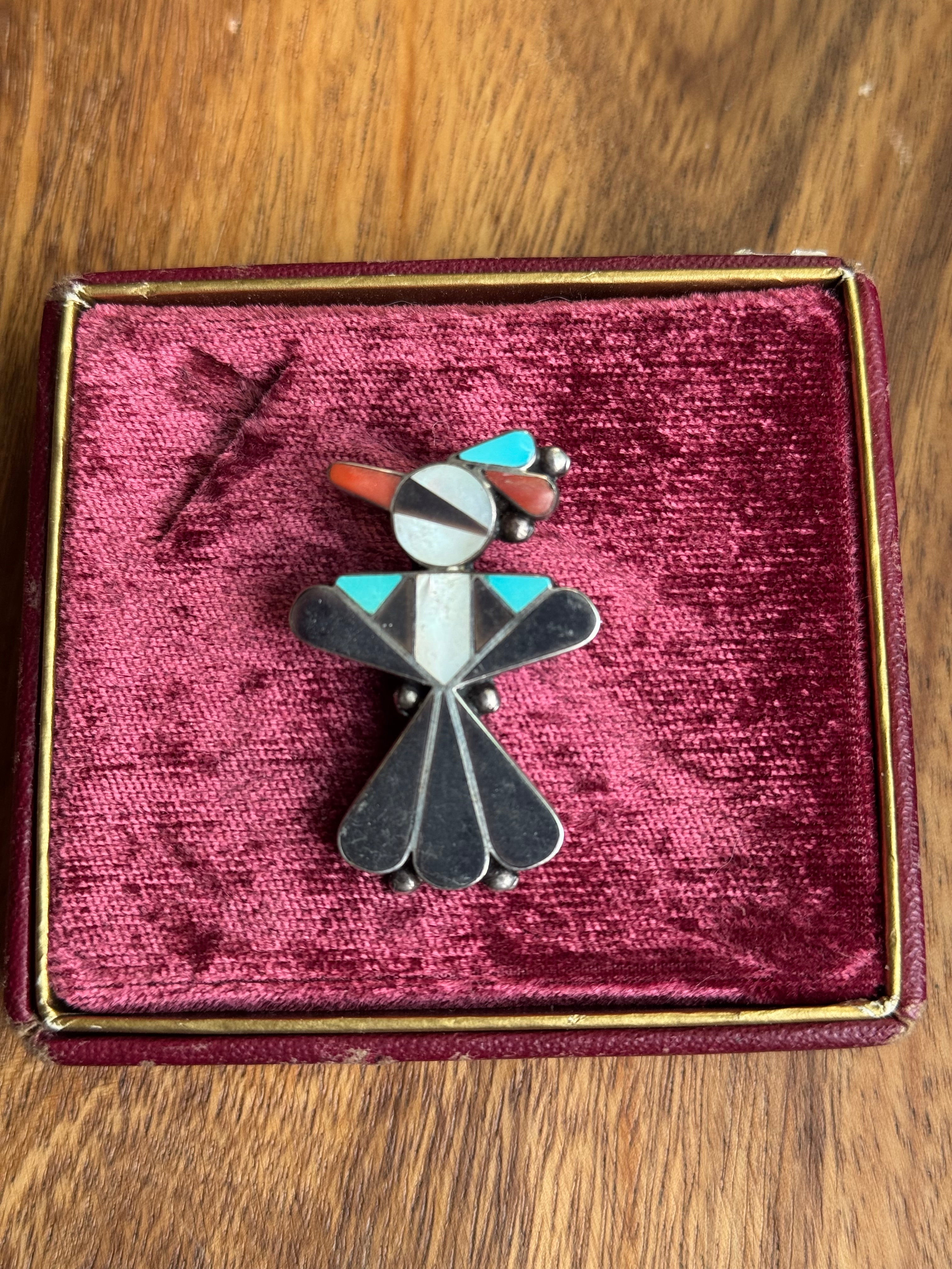Vintage Sterling Silver Multistone Inlay Thunderbird Pin/Pendant