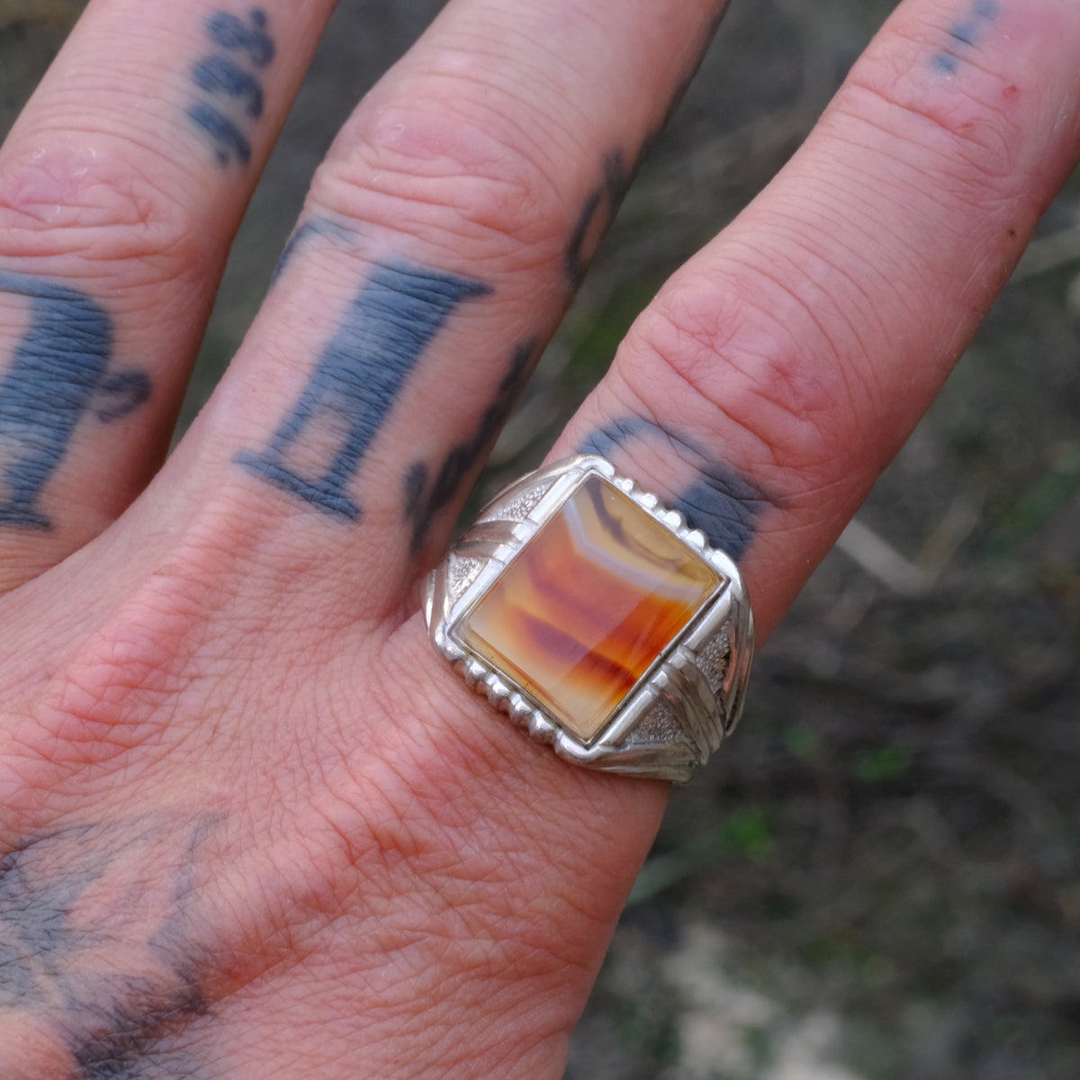 Vintage Sterling Agate Signet Ring 12.75
