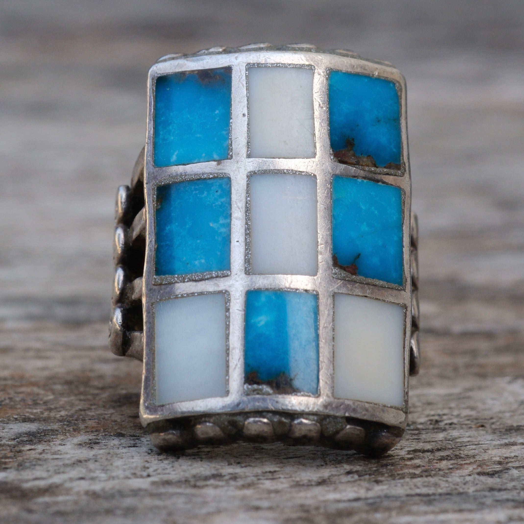 Vintage Sterling Turquoise and Mother Of Pearl Inlay Ring 5.5