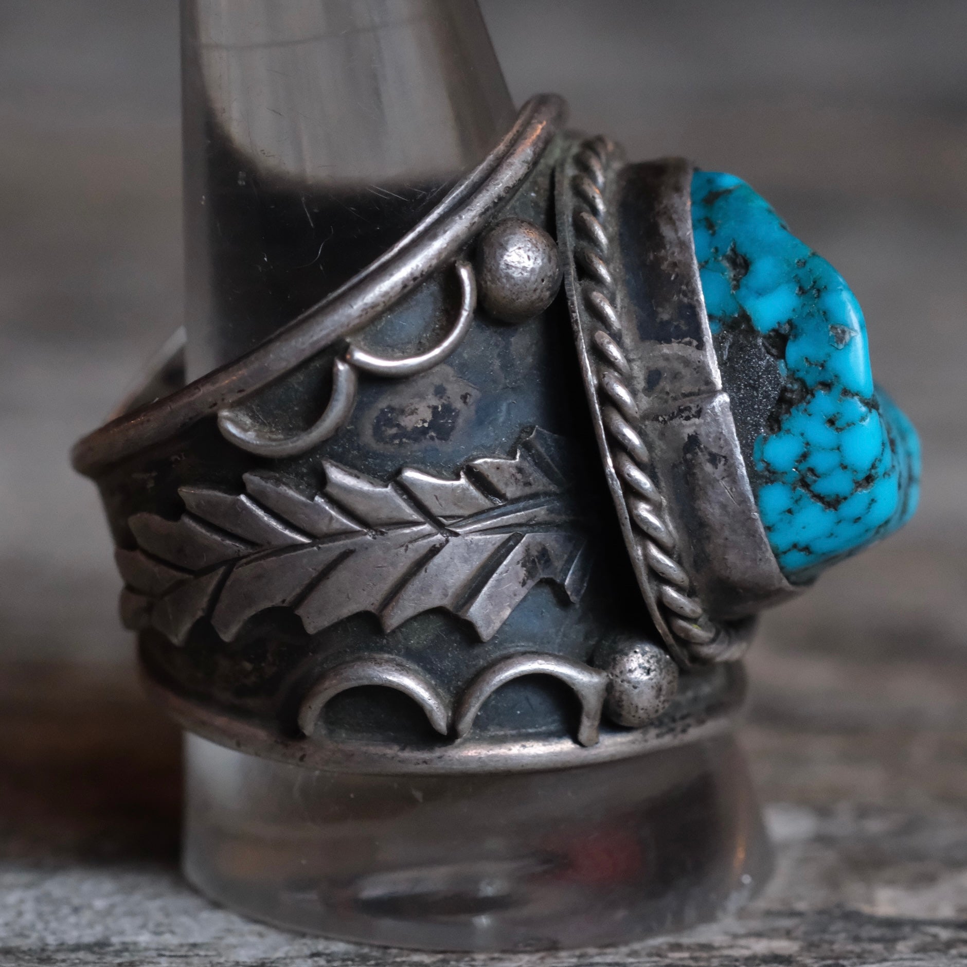 Vintage Sterling Turquoise Feather Cigar Band Ring 12