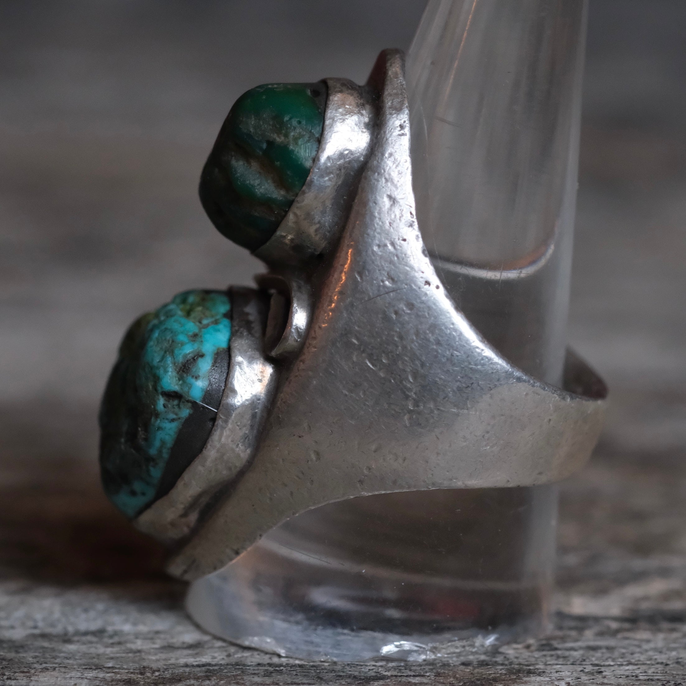 Older Vintage Sterling 2-Stone Turquoise Ring 10.75