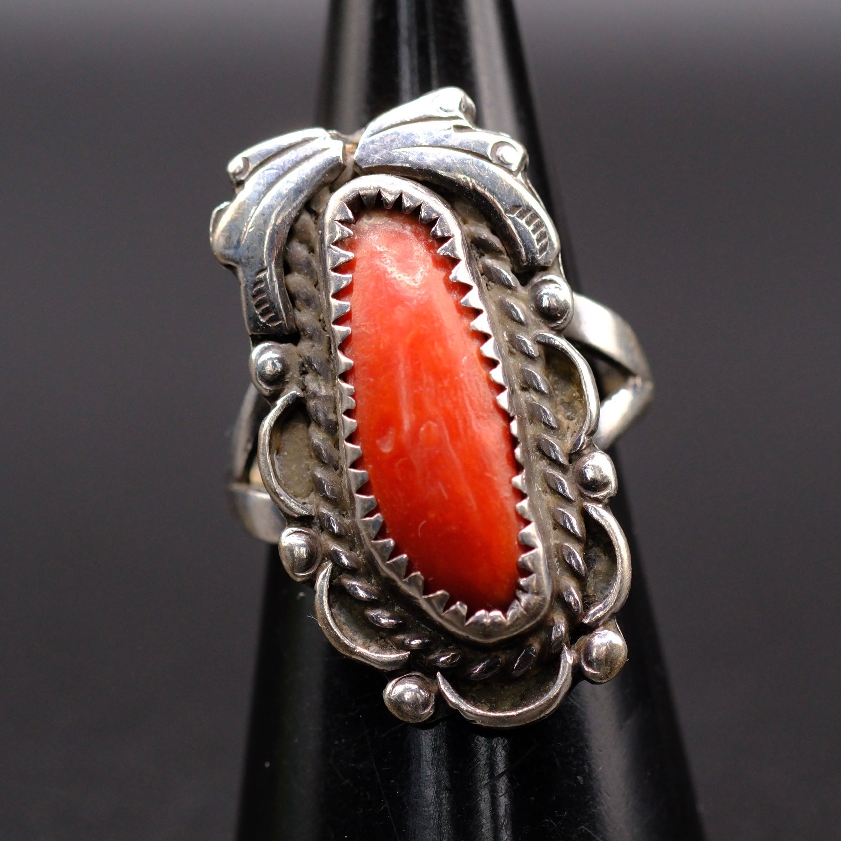 Vintage Sterling Coral Feather Ring 6.5