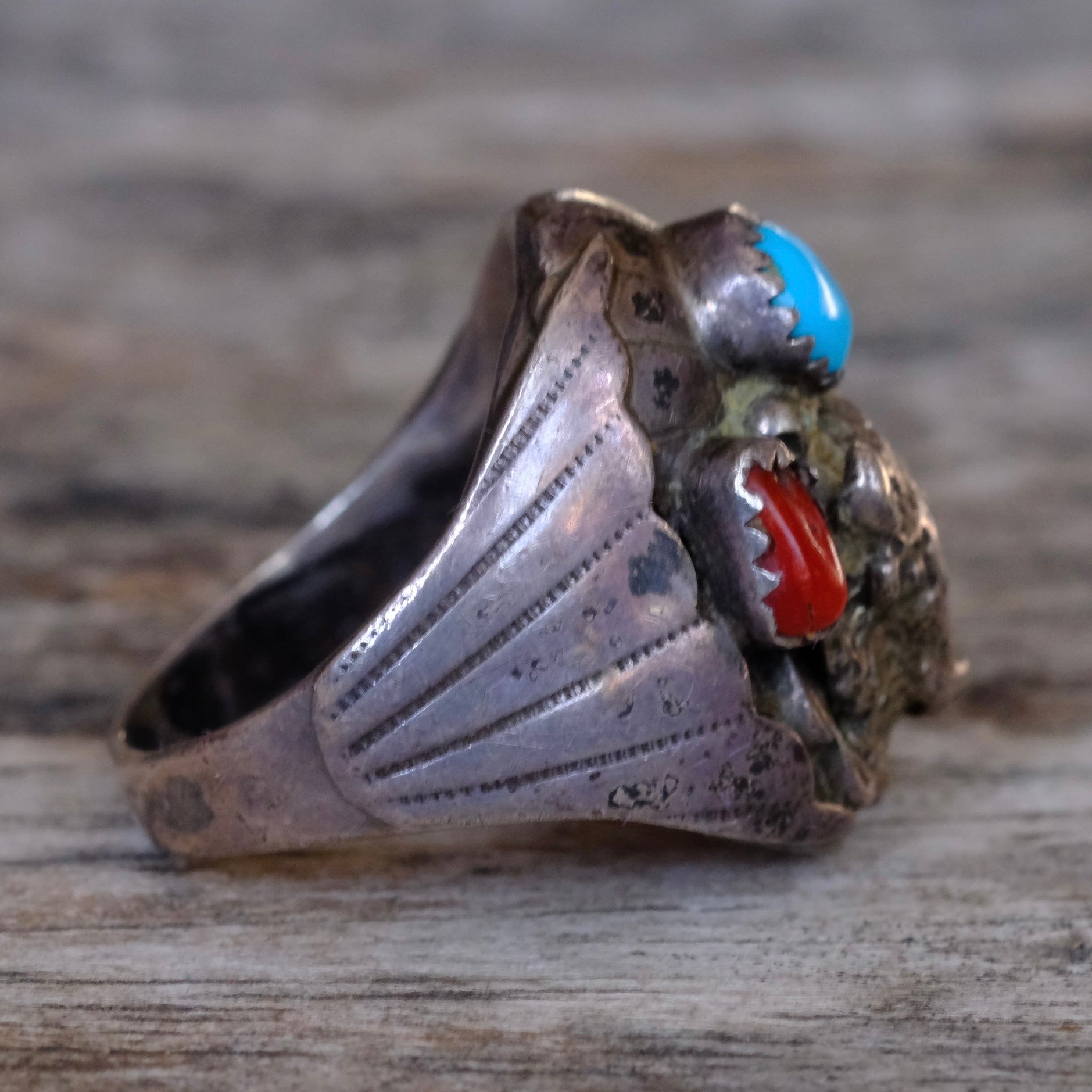 Vintage Sterling Turquoise and Coral Buffalo Ring 8.75