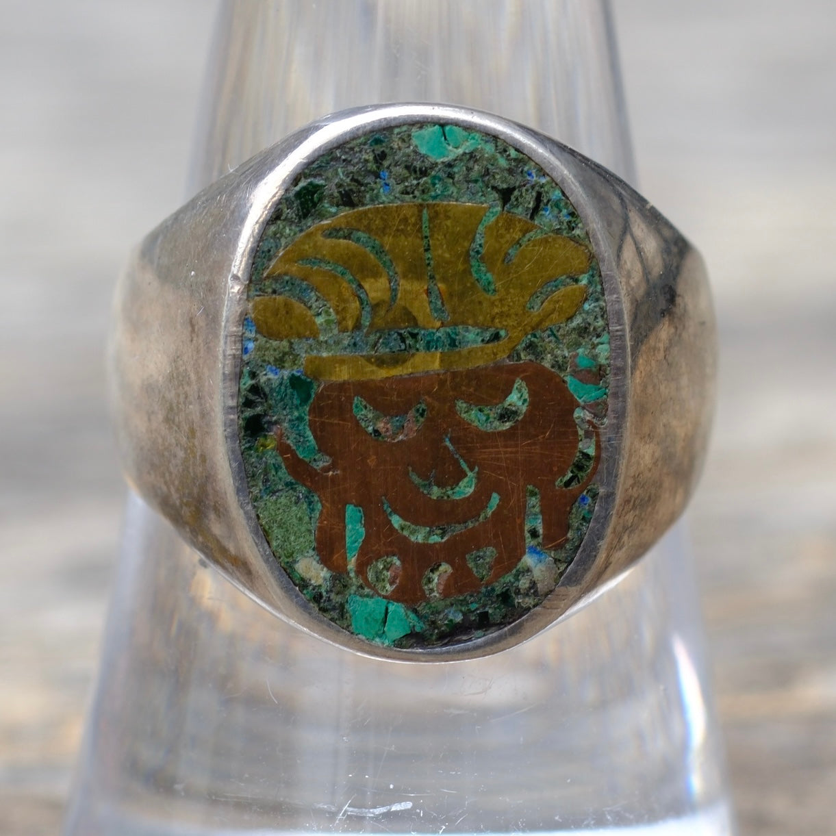 Vintage Sterling Turquoise Inlay Taxco Ring 8.75