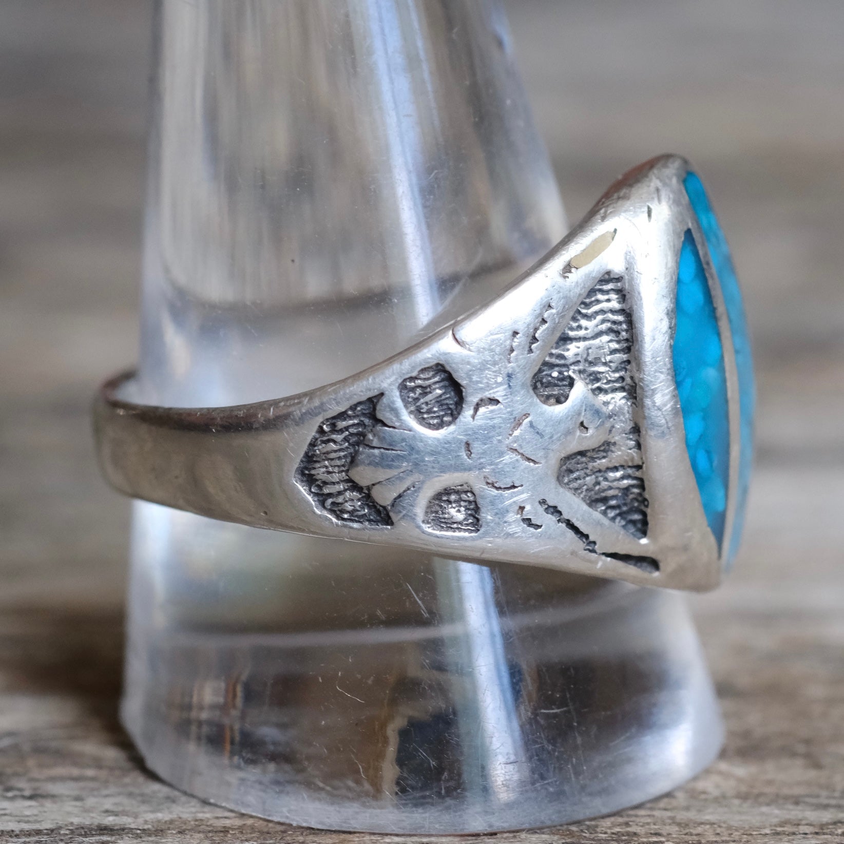 Vintage Sterling Crushed Turquoise Inlay Thunderbird Ring 11.75