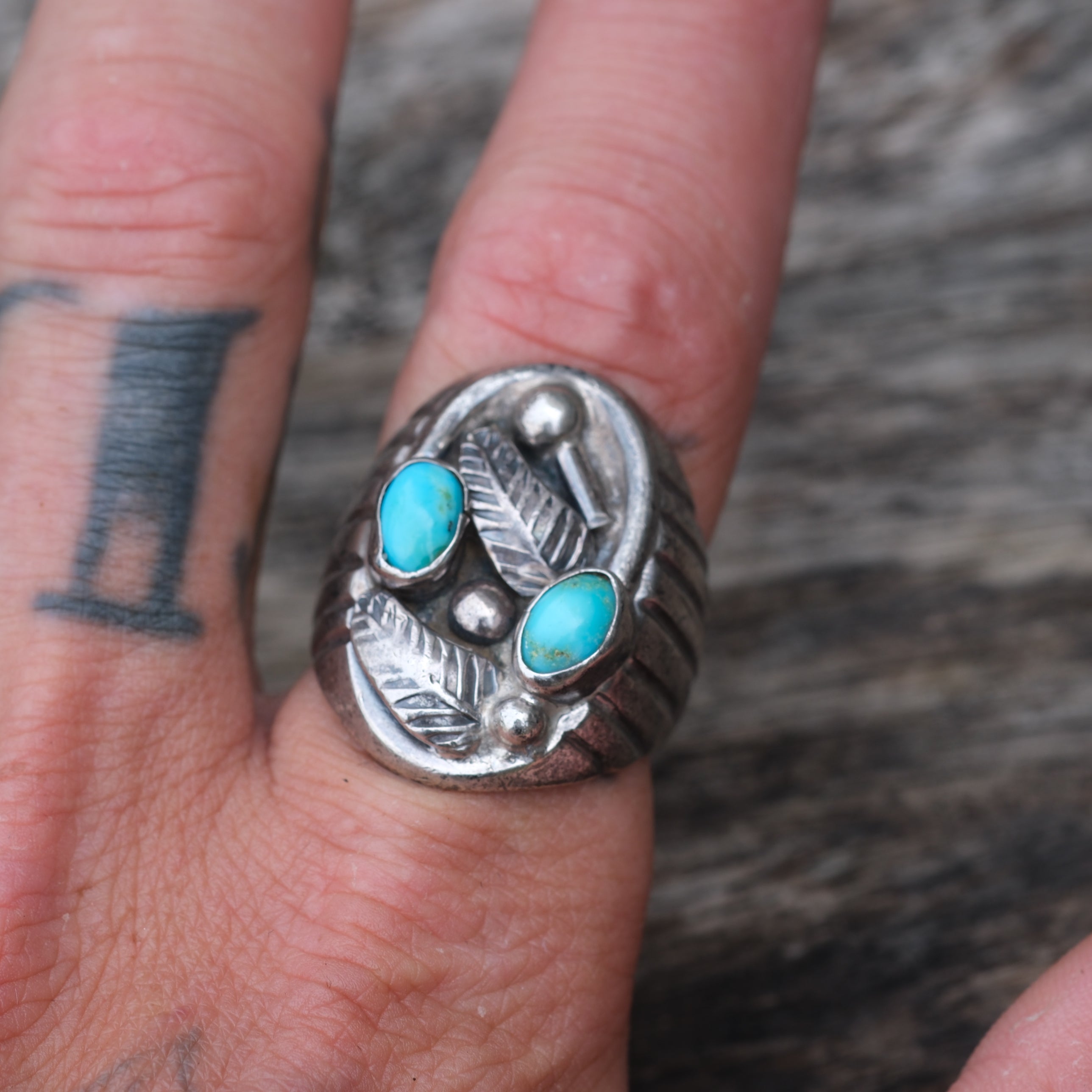 Vintage Sterling 2-Stone Turquoise Feather Ring 9.5