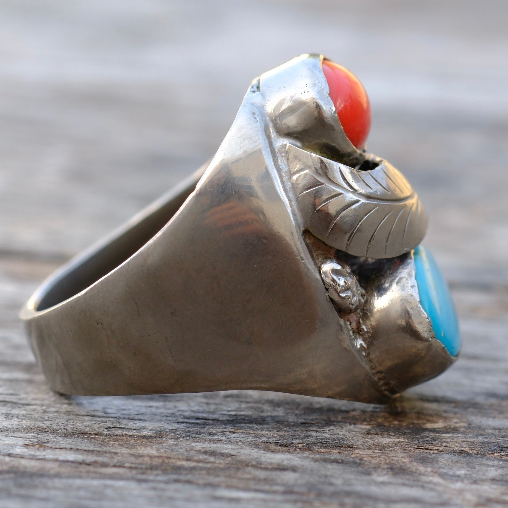 Vintage Sterling Turquoise and Coral Ring 11.5