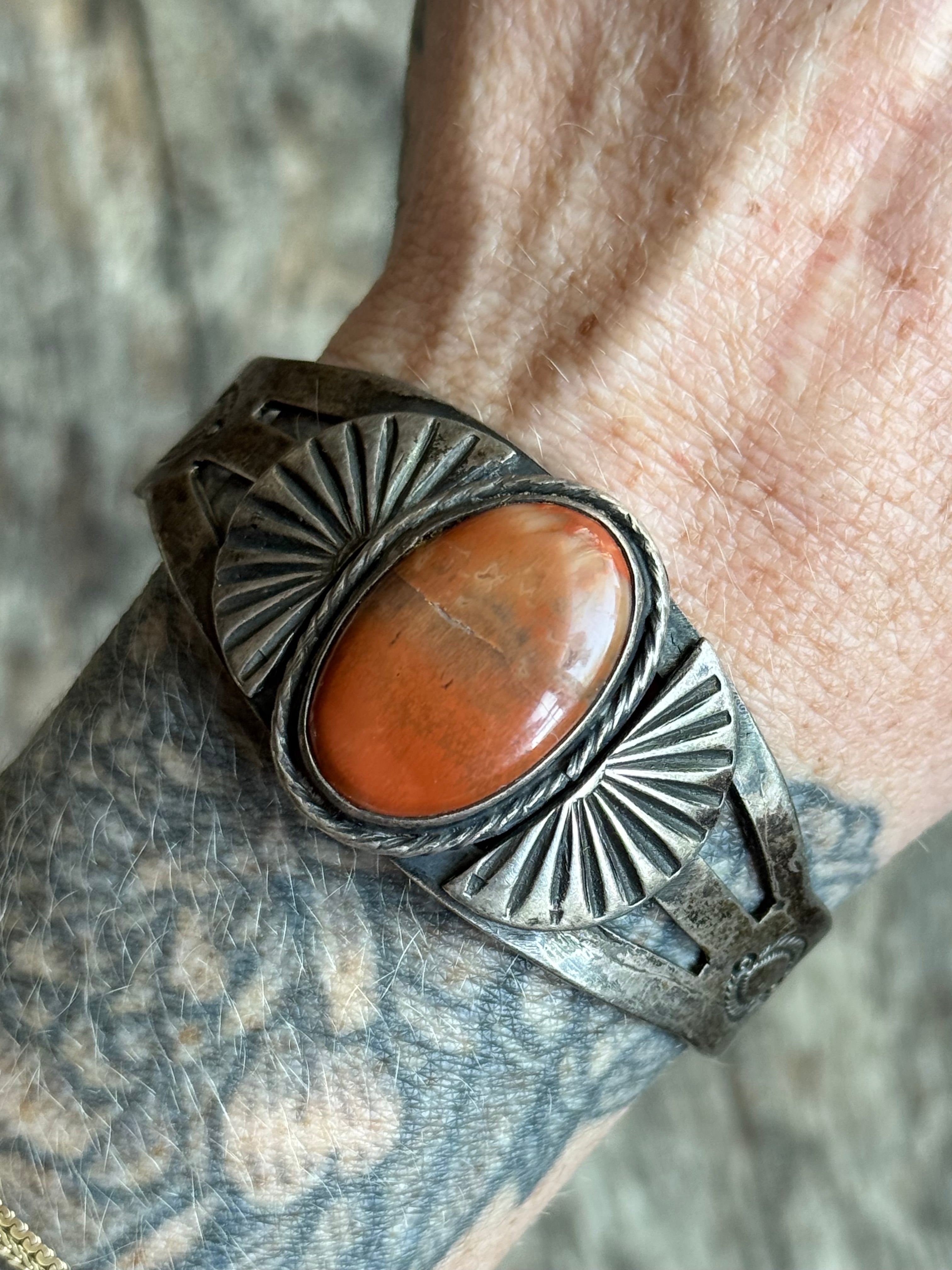 Vintage Sterling Silver Old Pawn Agate Stamped Fan Cuff