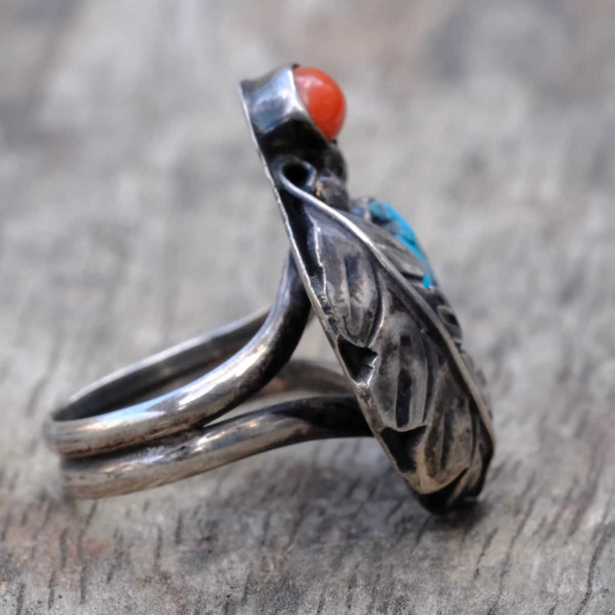 Vintage Sterling Turquoise and Coral Feather Ring 7