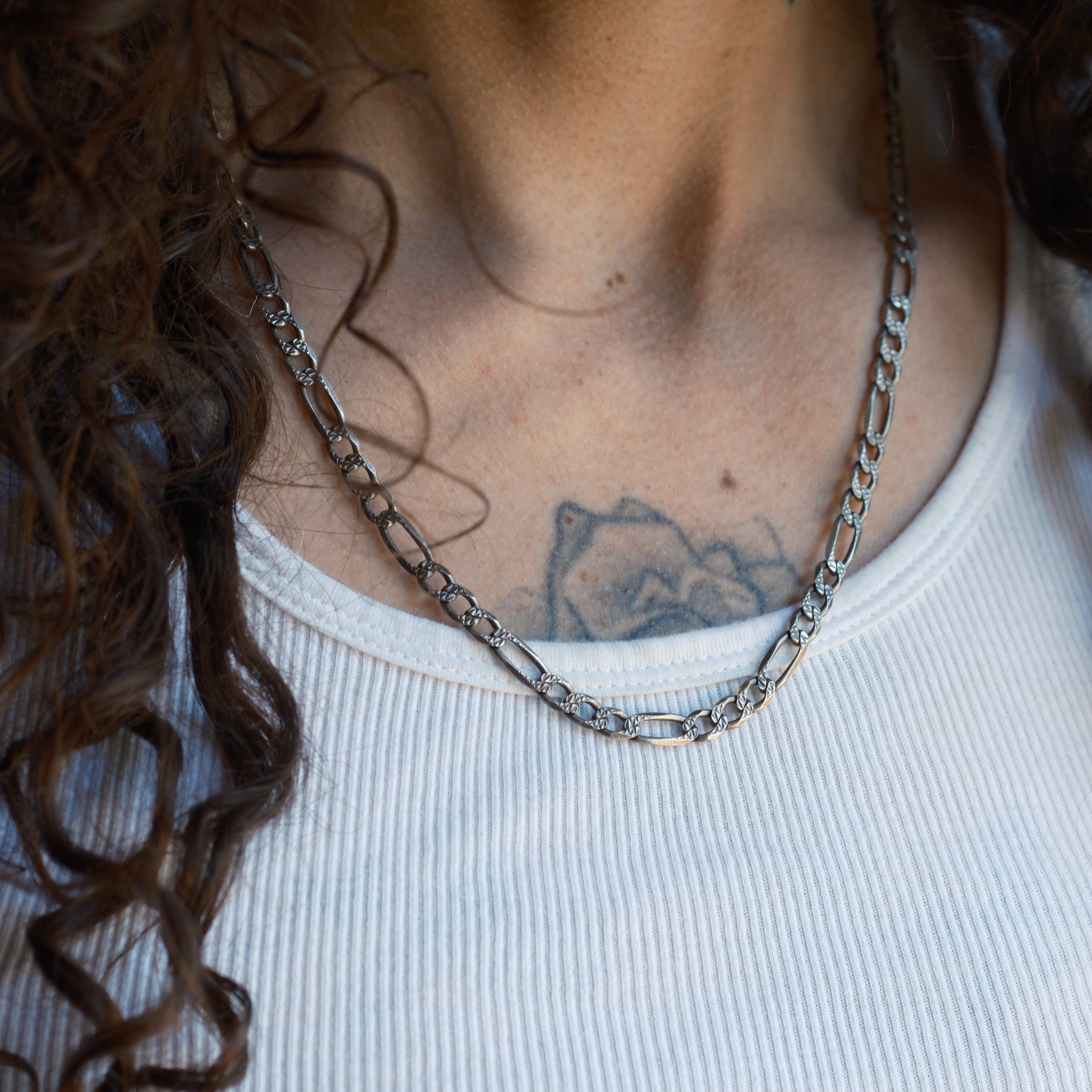 Vintage Sterling Silver Textured Figaro Chain Necklace 22.5"