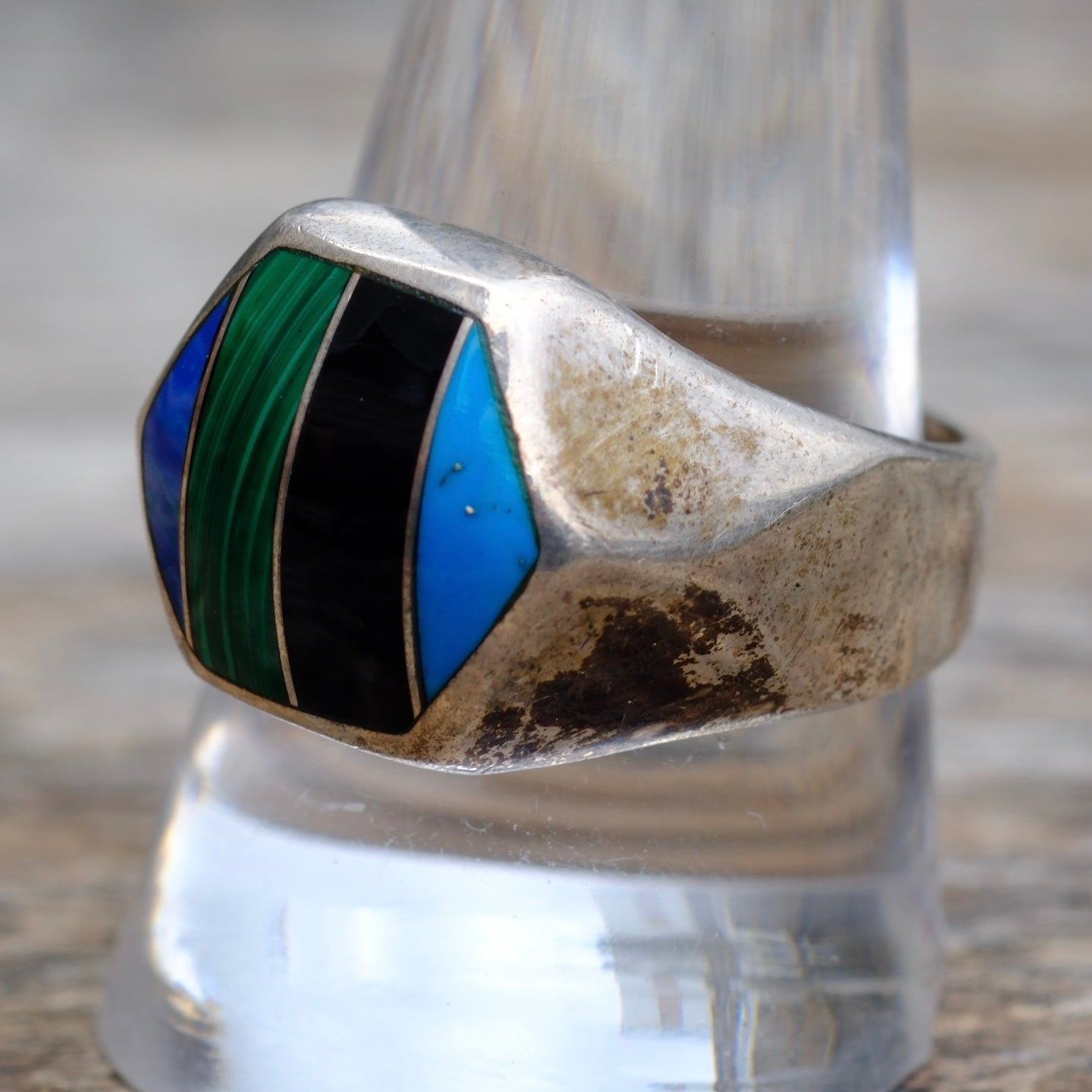 Vintage Sterling Multistone Inlay Striper Ring 10.75