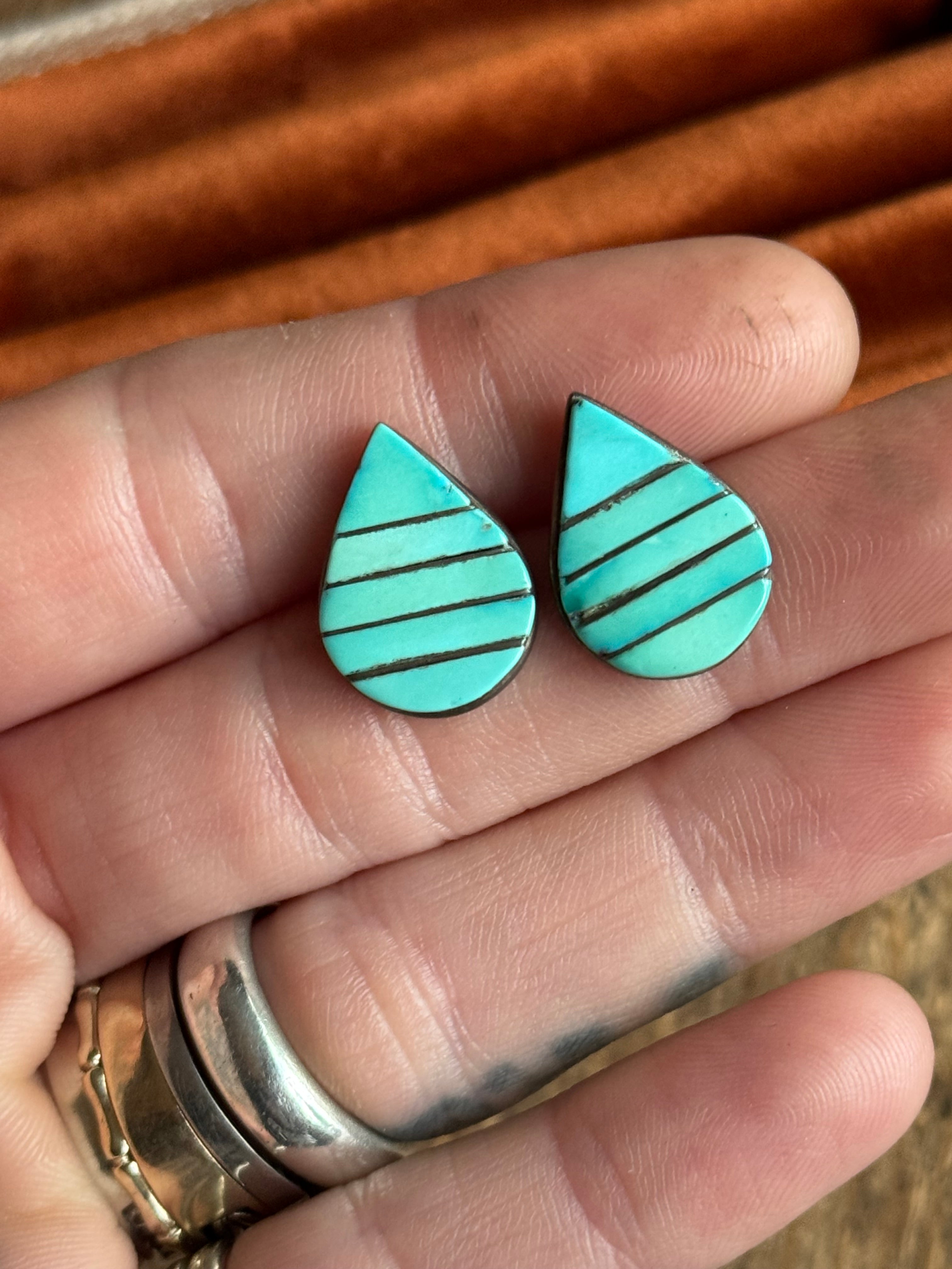 Vintage Sterling Silver Turquoise Inlay Teardrop Earrings