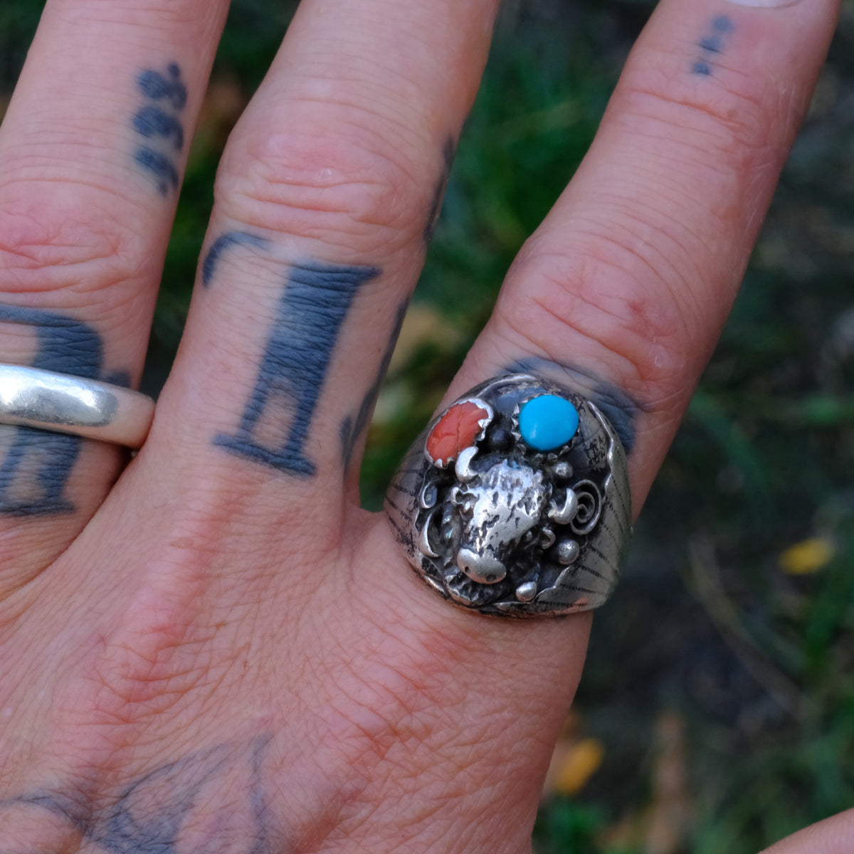 Vintage Sterling Turquoise and Coral Buffalo Ring 10.5