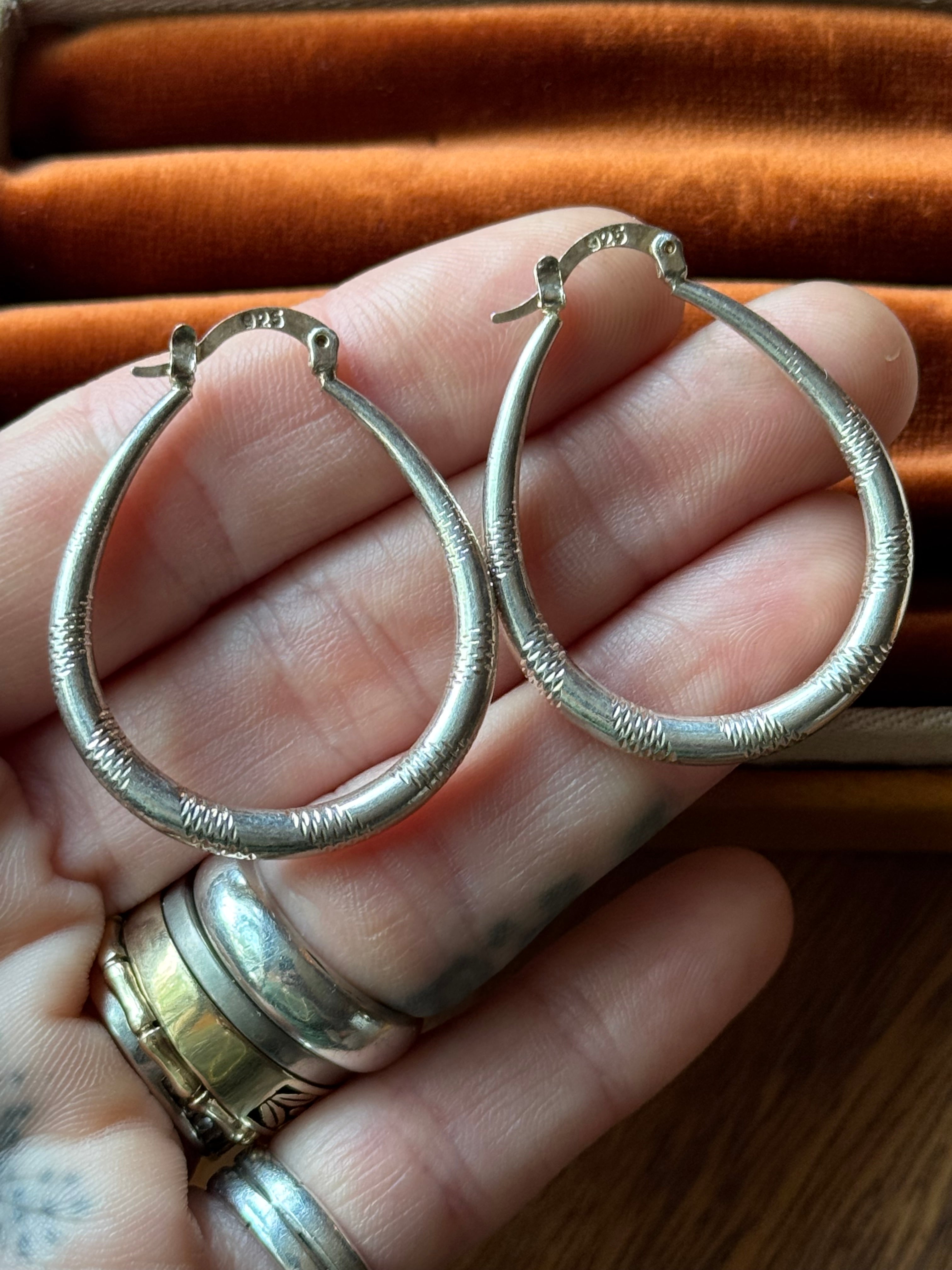 Vintage Sterling Silver Etched Teardrop Hoops