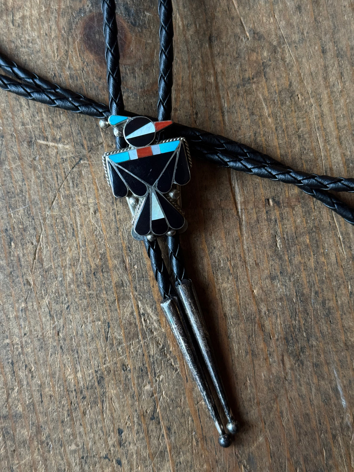 Vintage Sterling Silver Multistone Inlay Thunderbird Bolo