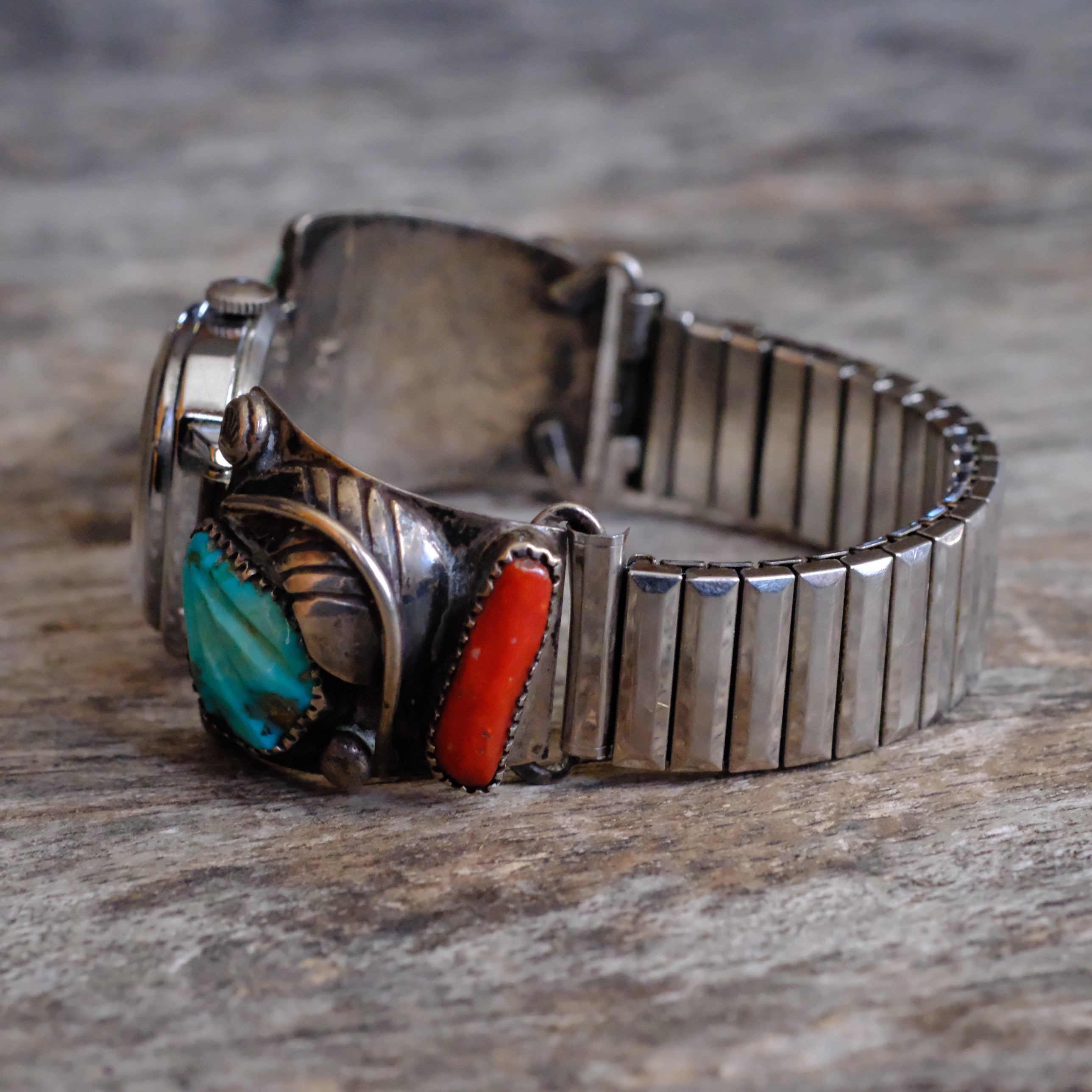 Vintage Sterling Faceted Turquoise and Coral Feather Watch