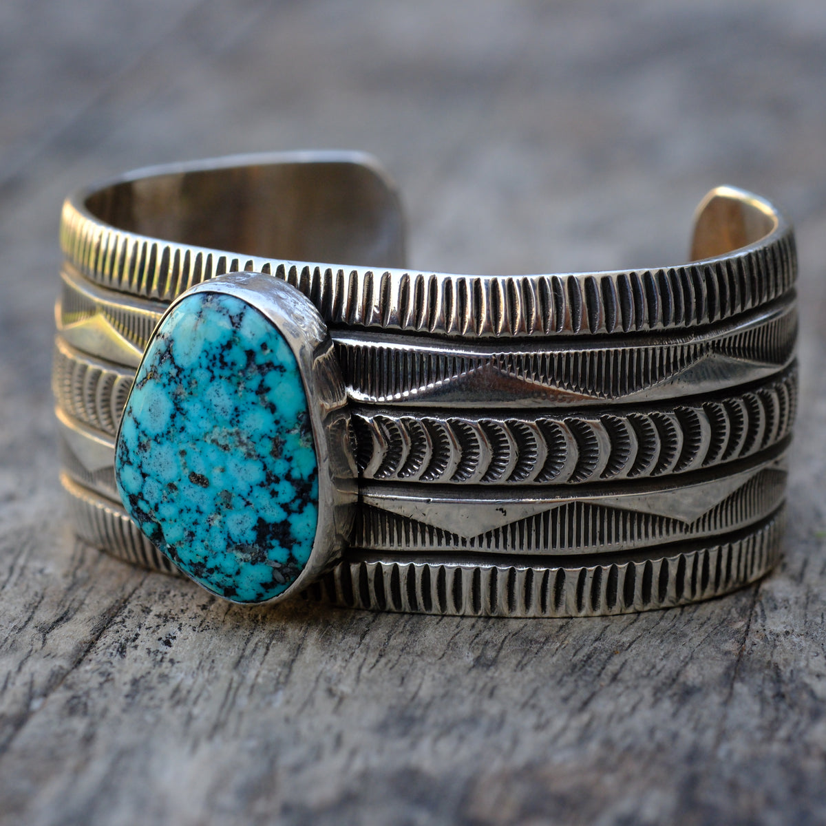Alex Sanchez Sterling Silver Stamped Kingman Turquoise Cuff Bracelet