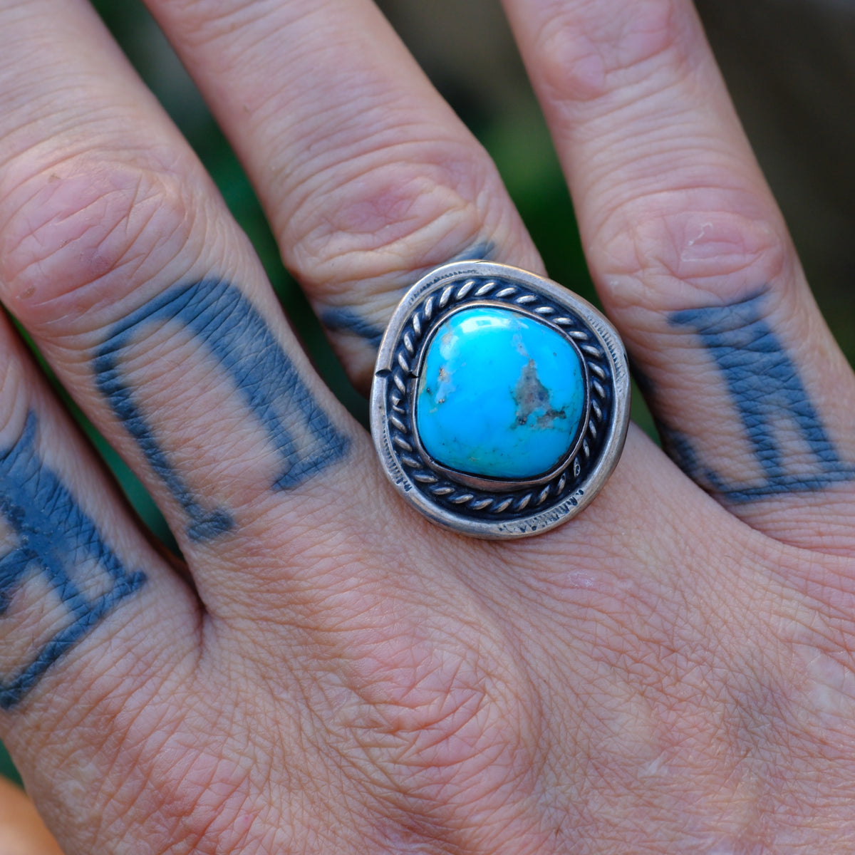 Vintage Sterling Turquoise Roper Ring 10