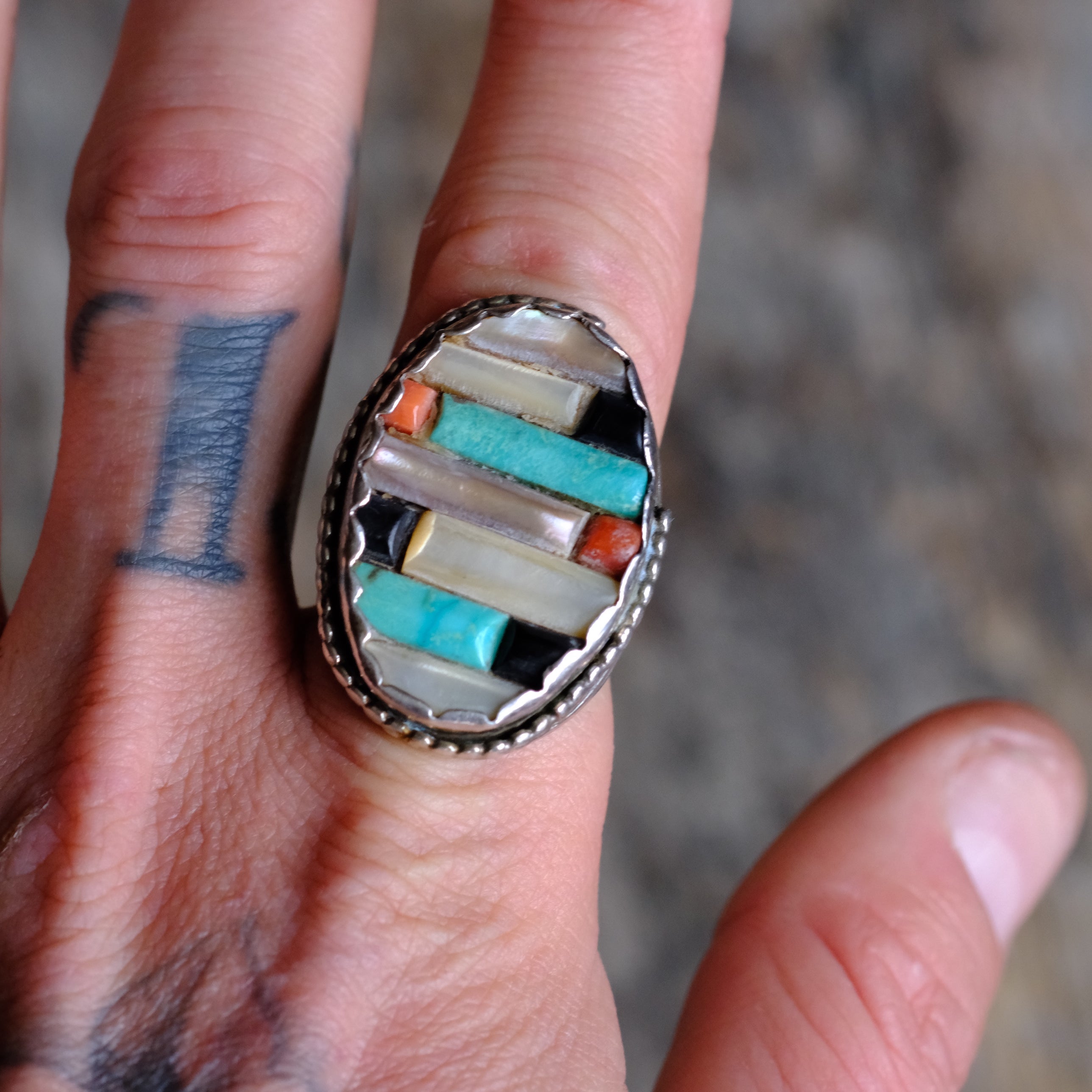 Vintage Sterling Multistone Inlay Row Ring 10