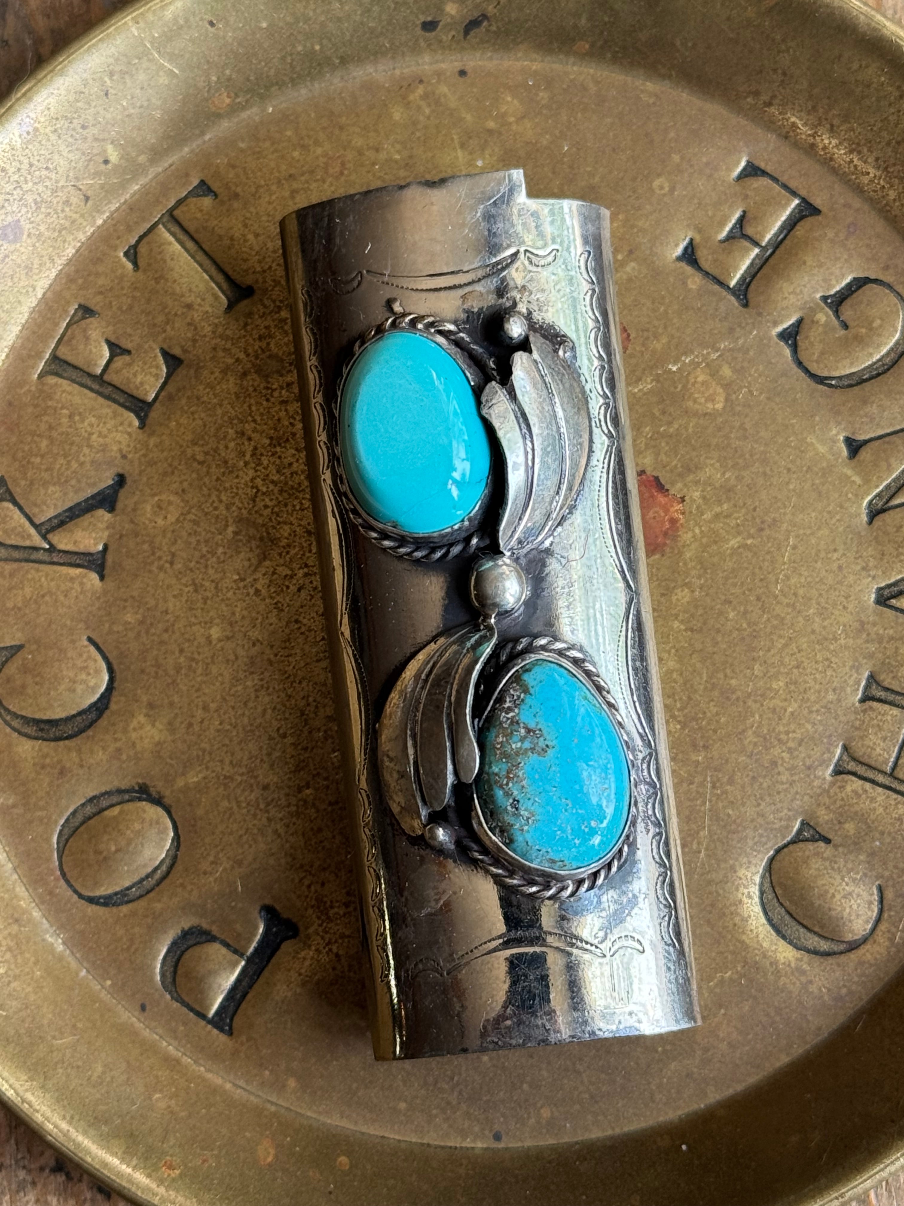 Vintage Stamped Nickel & Sterling Silver Turquoise Lighter Case