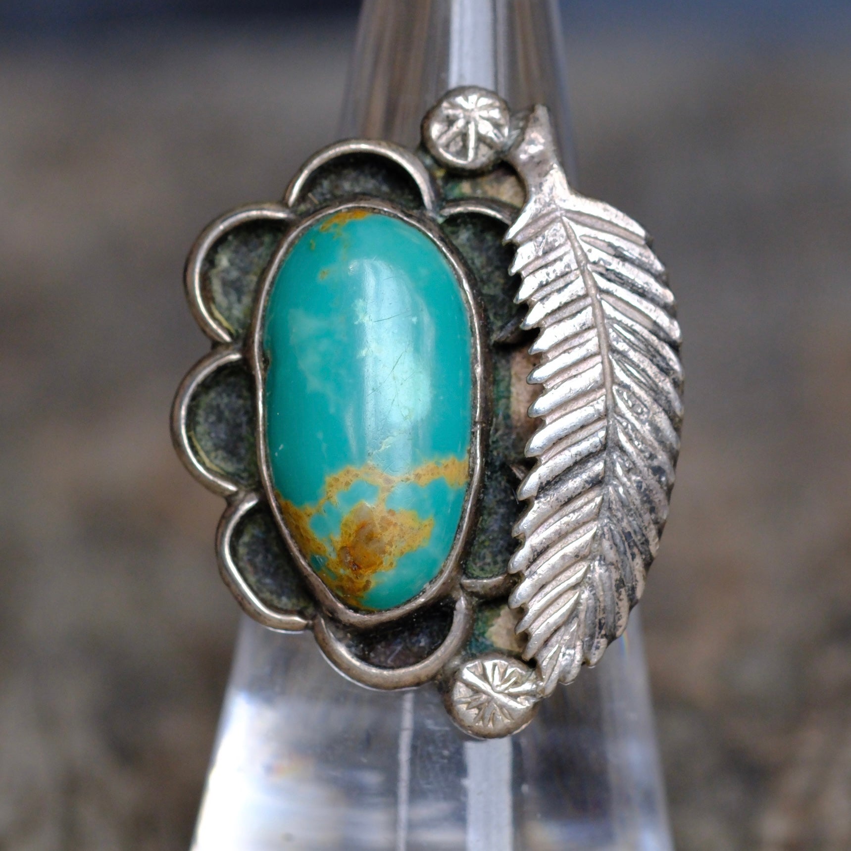 Vintage Sterling Turquoise Feather Ring 6.5