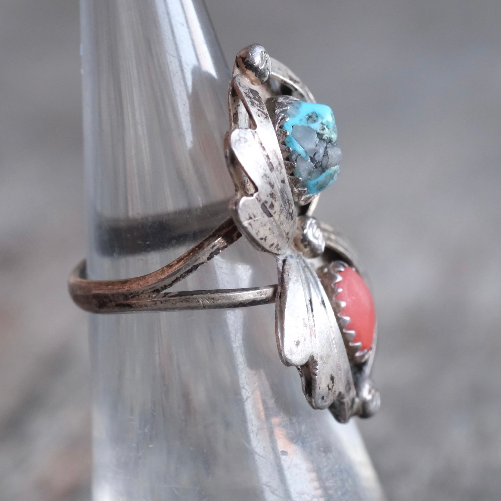 Vintage Sterling Turquoise and Coral Ring 6