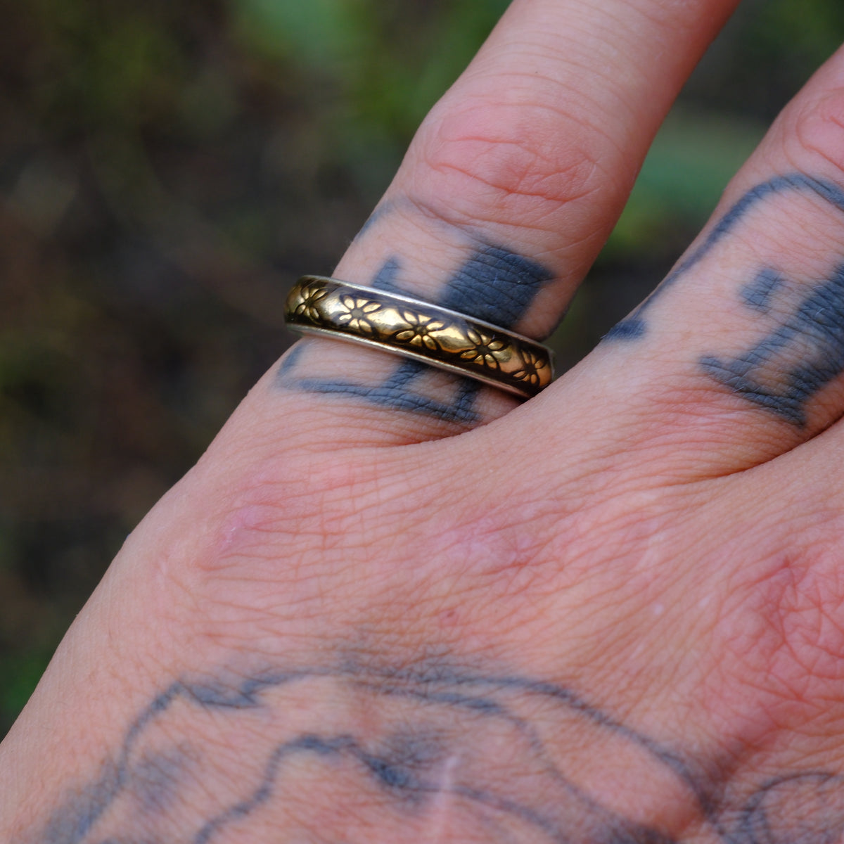 Vintage Sterling and Copper Floral Band Ring 6.75