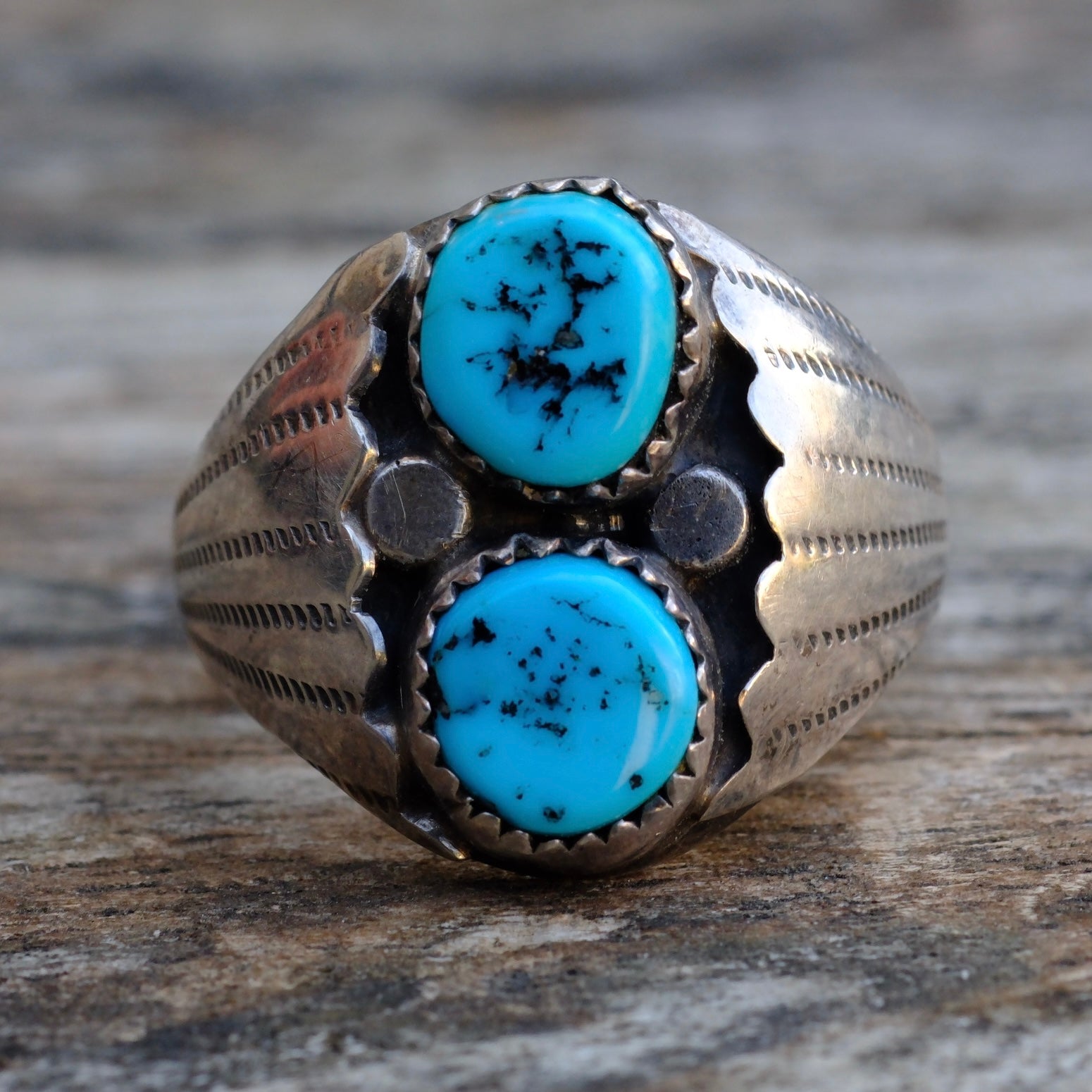 Vintage Sterling 2-Stone Turquoise Ring 10.75