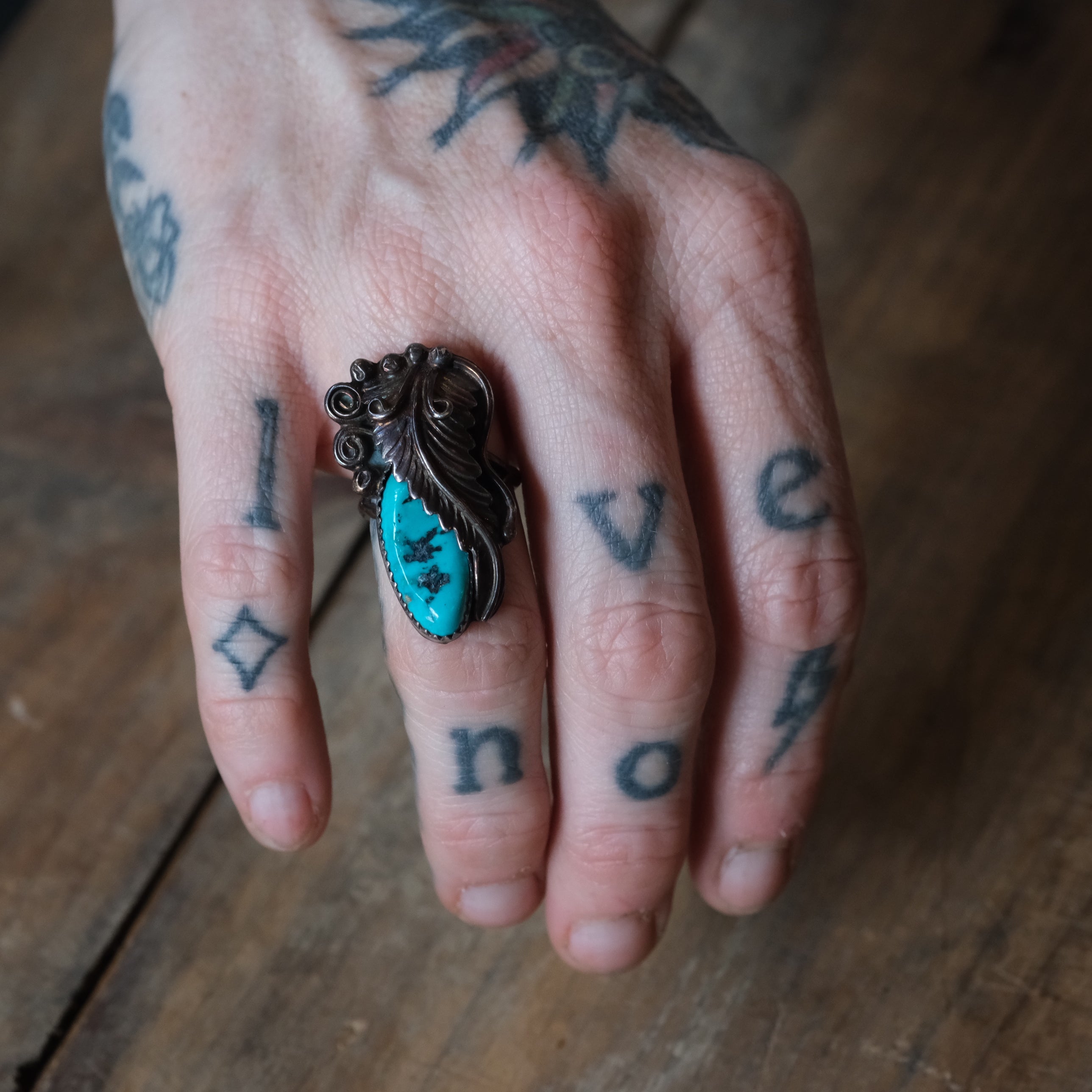 Vintage Sterling Turquoise Feather Ring 6.25