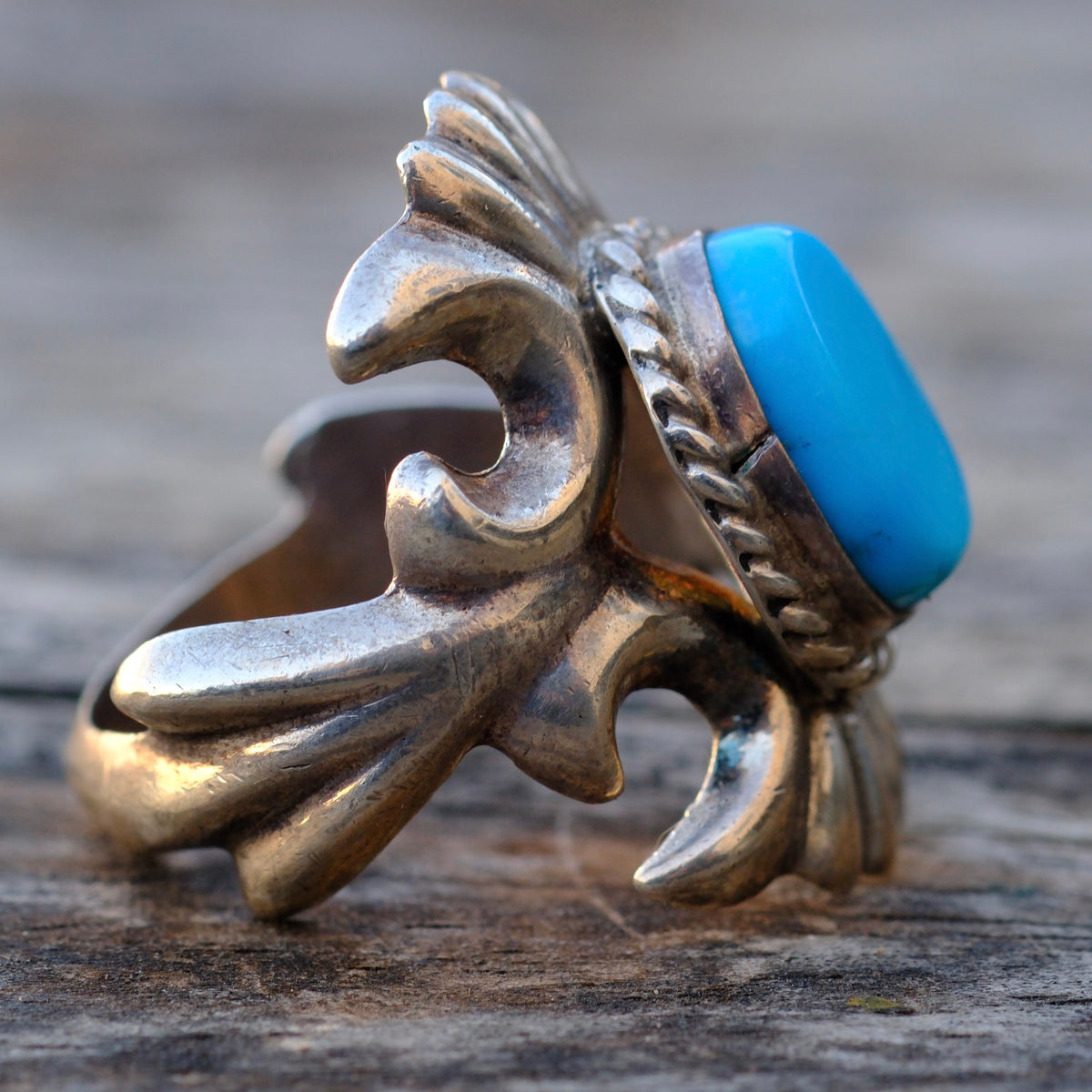 Vintage Sterling Turquoise Sandcast Ring 10.5