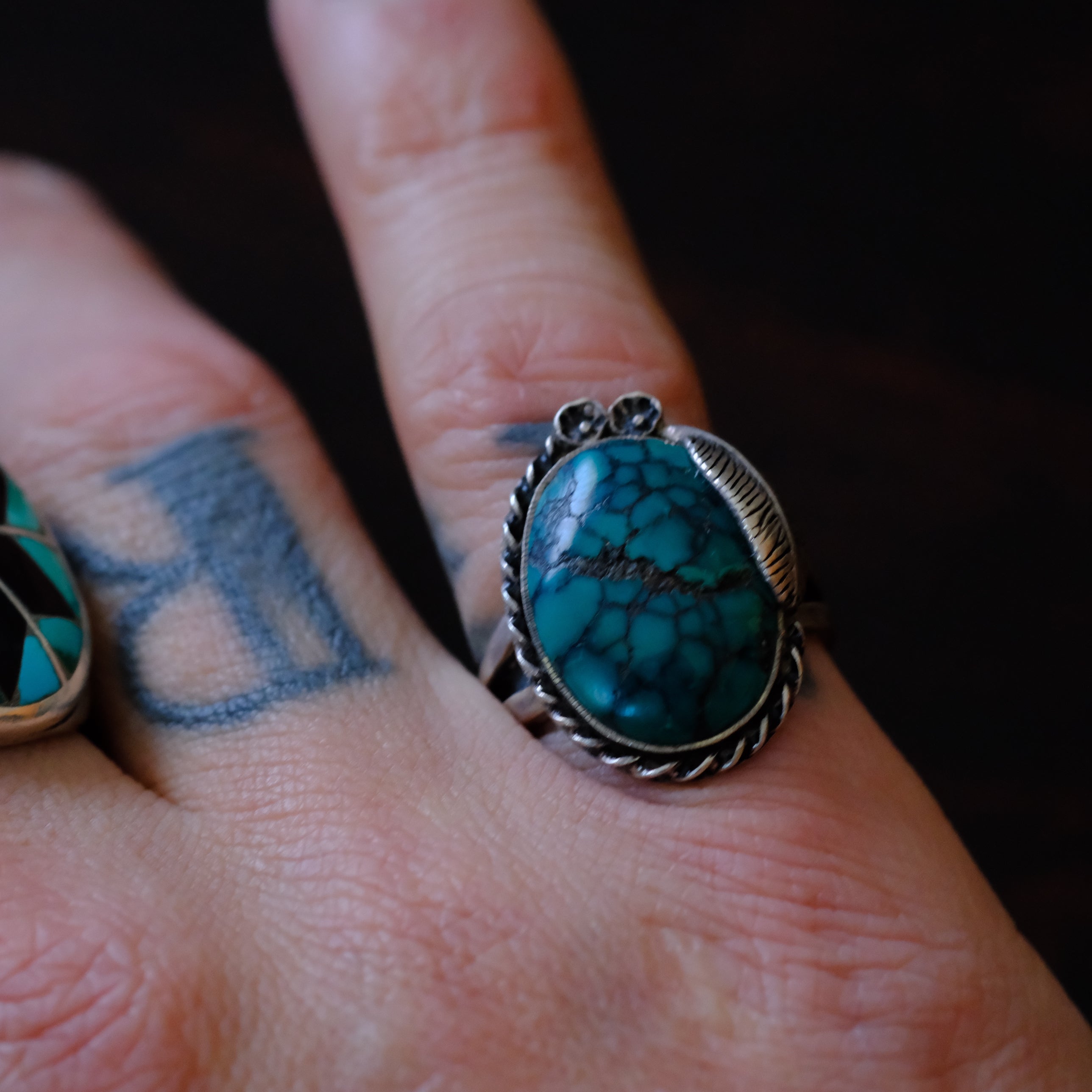 Vintage Sterling Turquoise Feather Ring 7.25