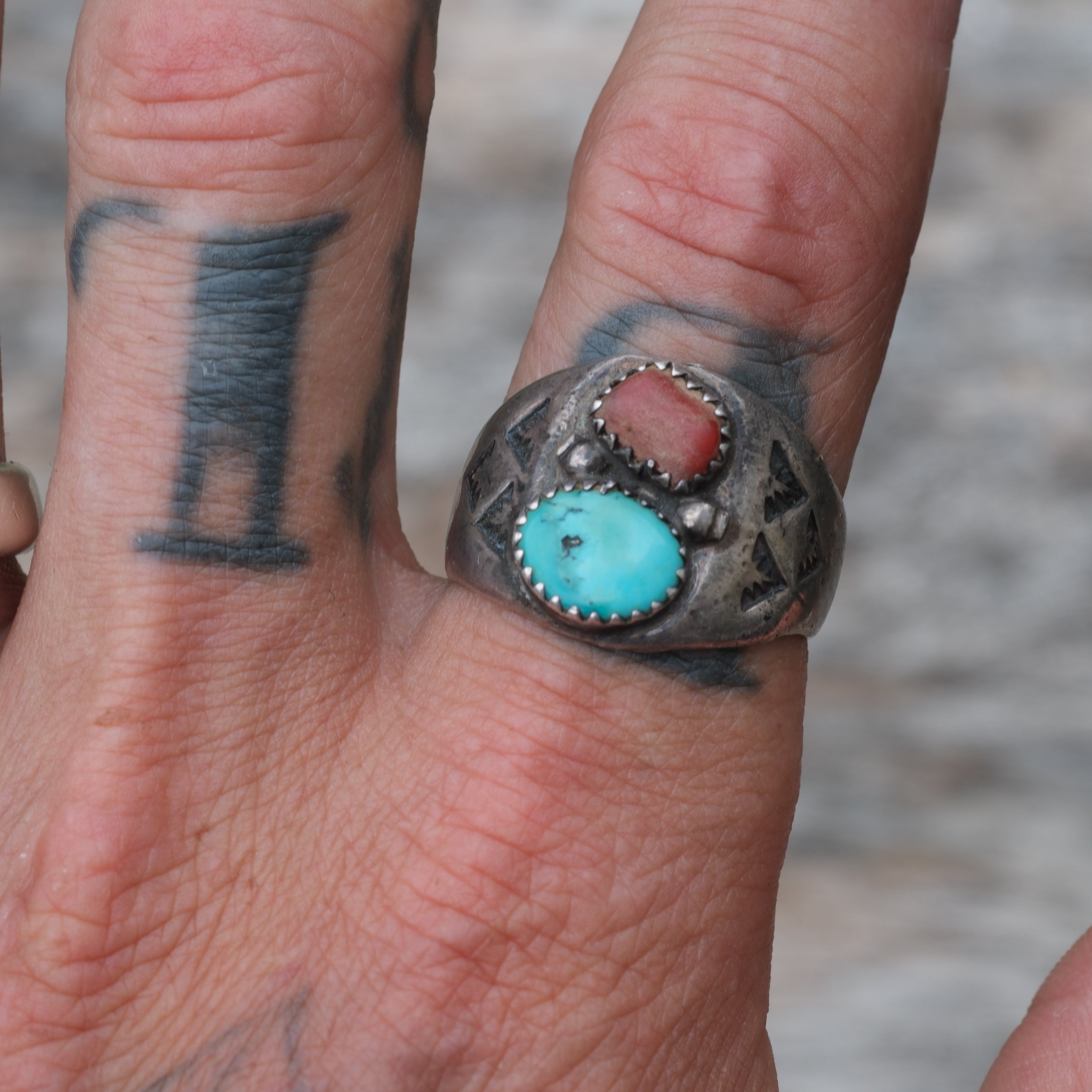 Vintage Sterling Turquoise and Coral Ring 11.5