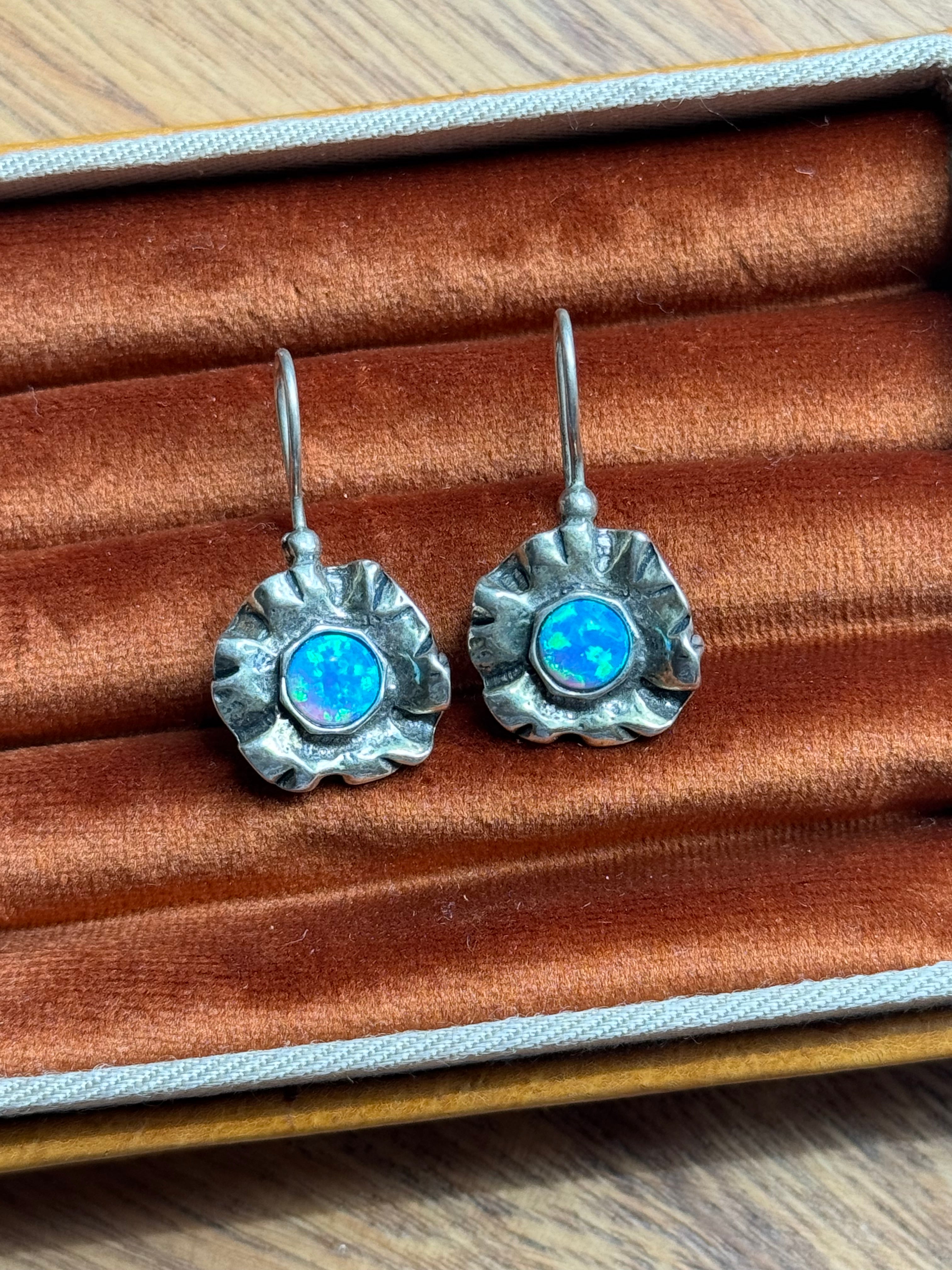 Vintage Sterling Silver Opal Flower Earrings