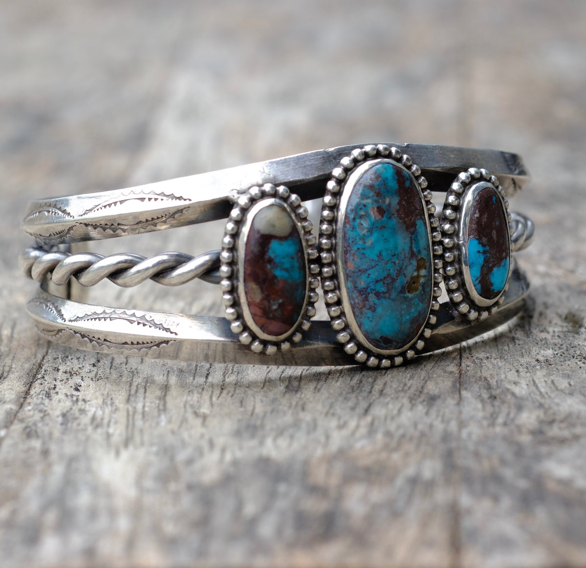 Vintage Sterling 3-Stone Bisbee Turquoise Cuff