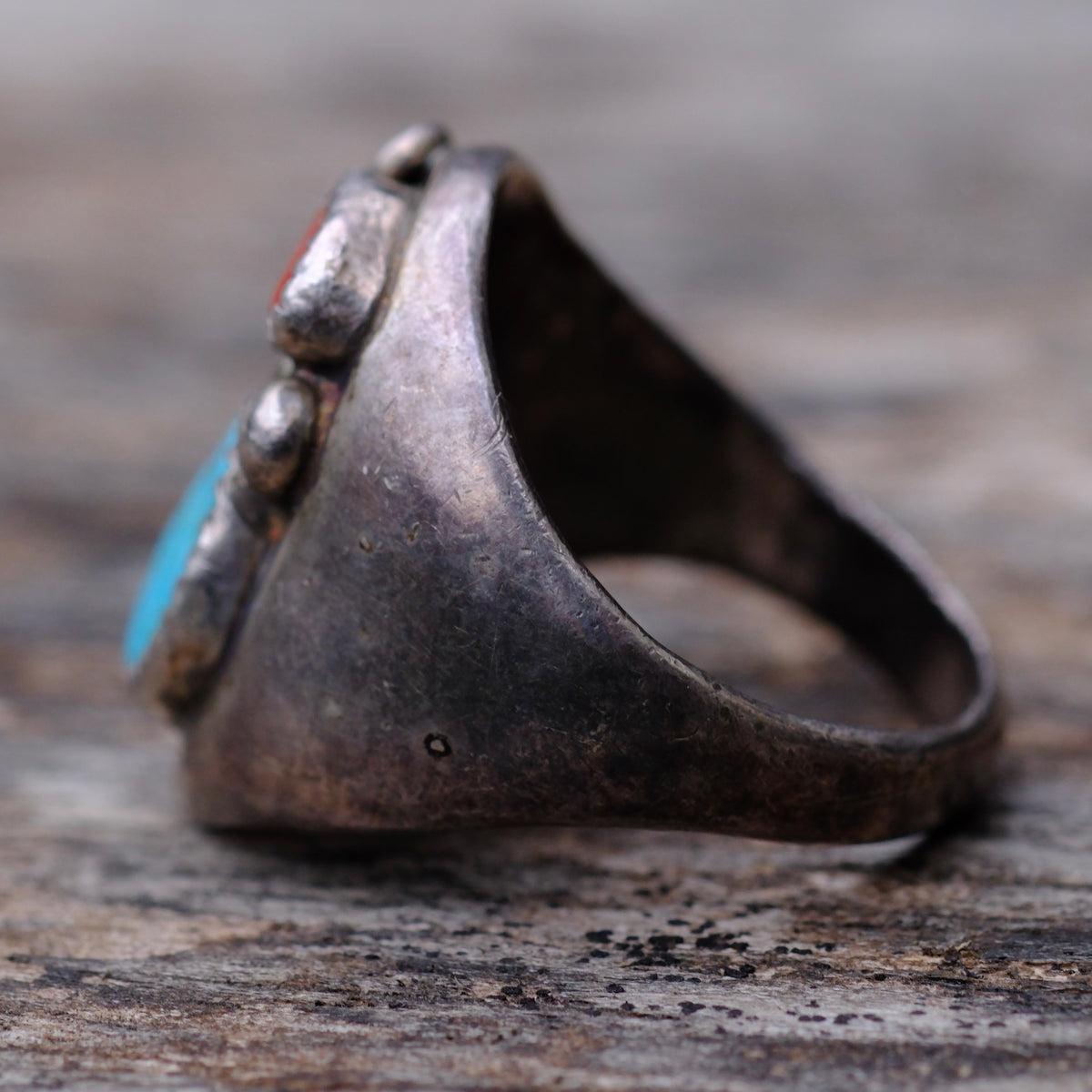 Vintage Sterling Turquoise and Coral Feather Ring 10.5