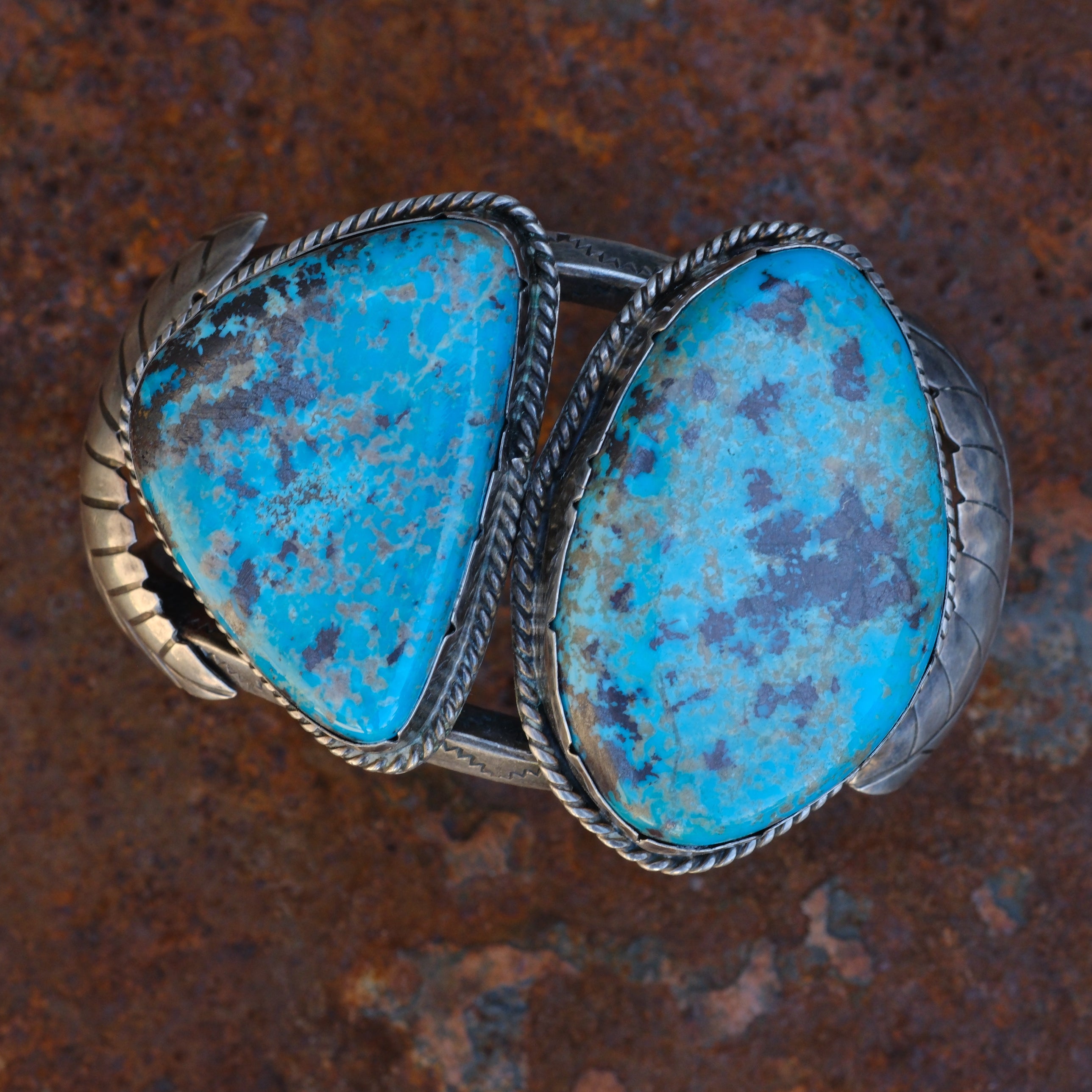 Massive Vintage Sterling 2-Stone Turquoise Stamped Feather Cuff Bracelet