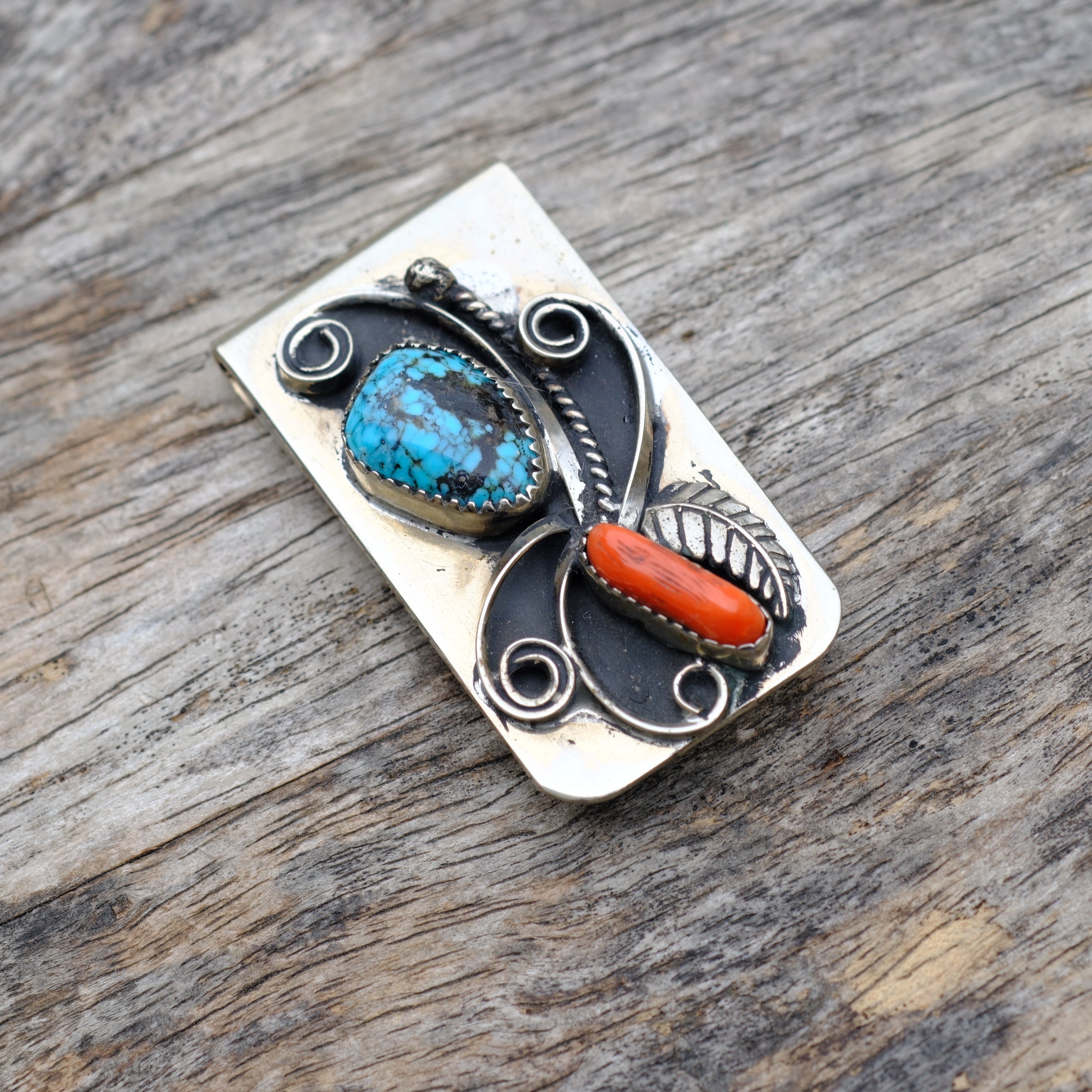 Vintage Turquoise and Coral Feather Money Clip