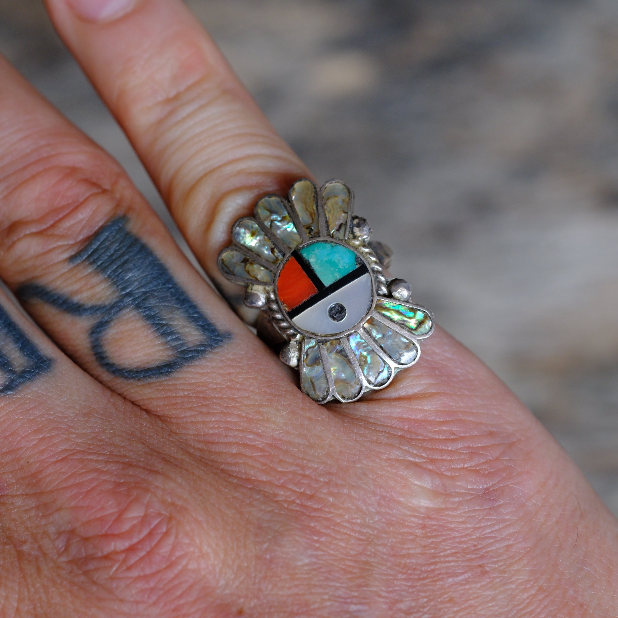 Vintage Sterling Multistone Inlay Zuni Surface Ring 4.75