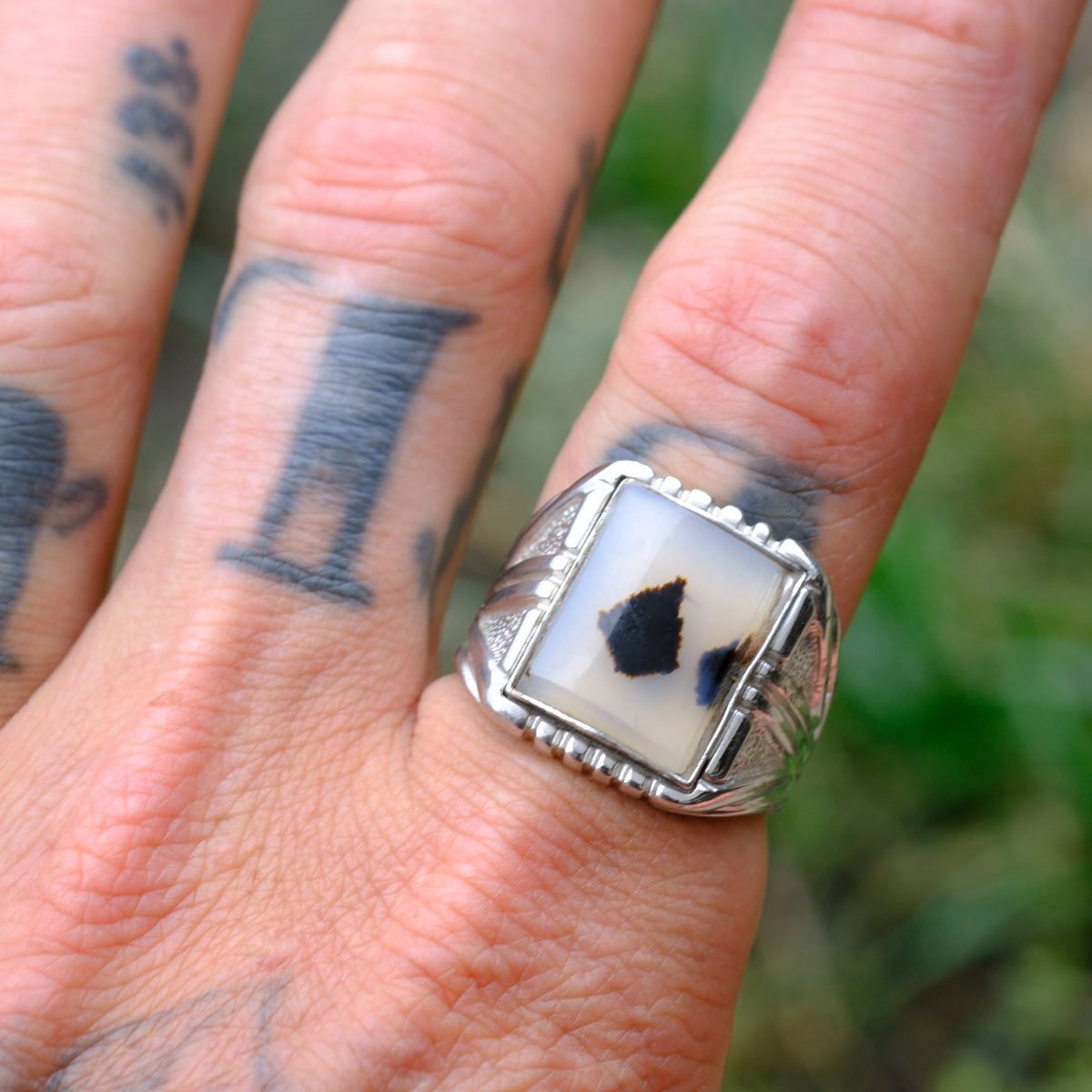 Vintage Sterling Agate Signet Ring 10.5