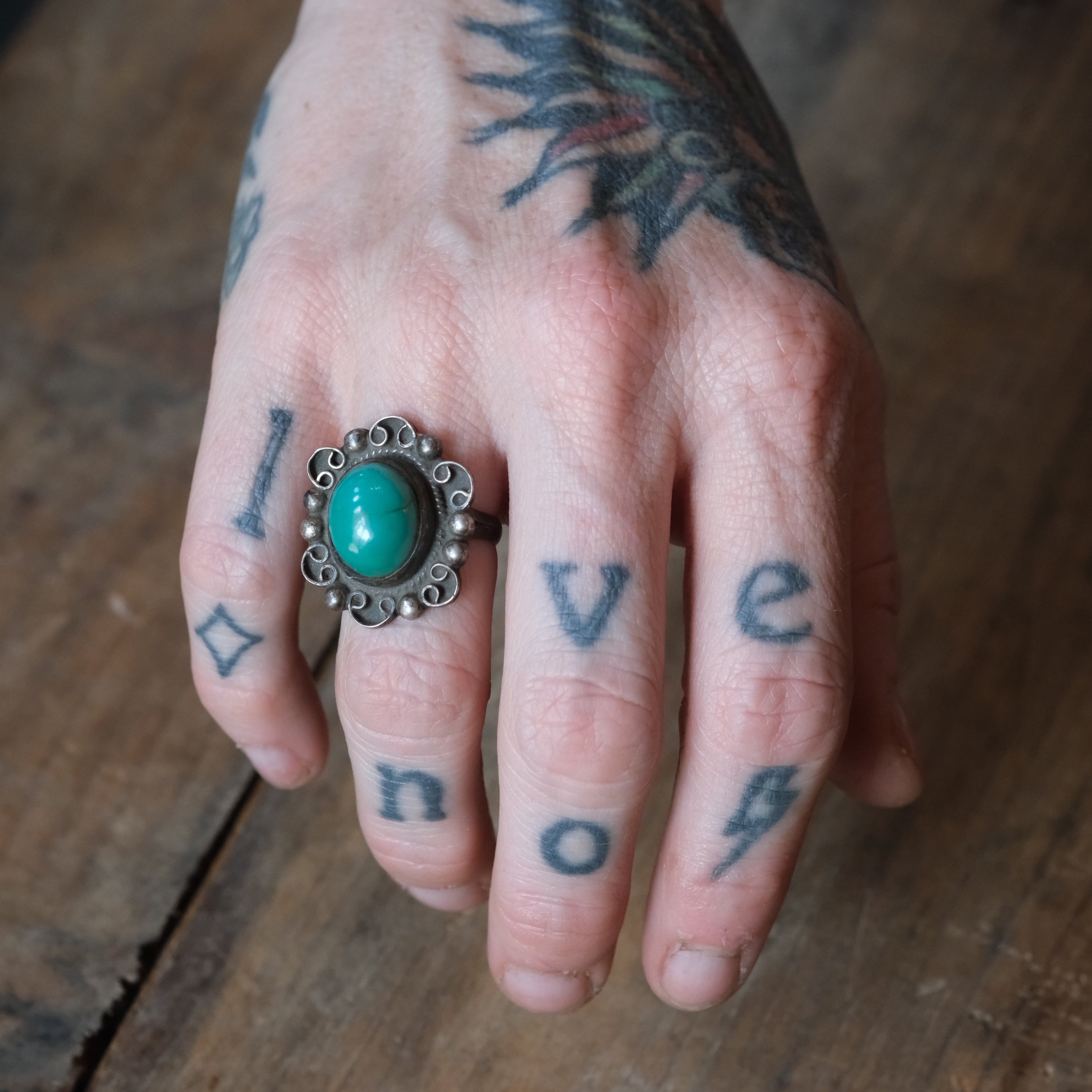 Vintage Sterling Turquoise Florette Ring 5.25