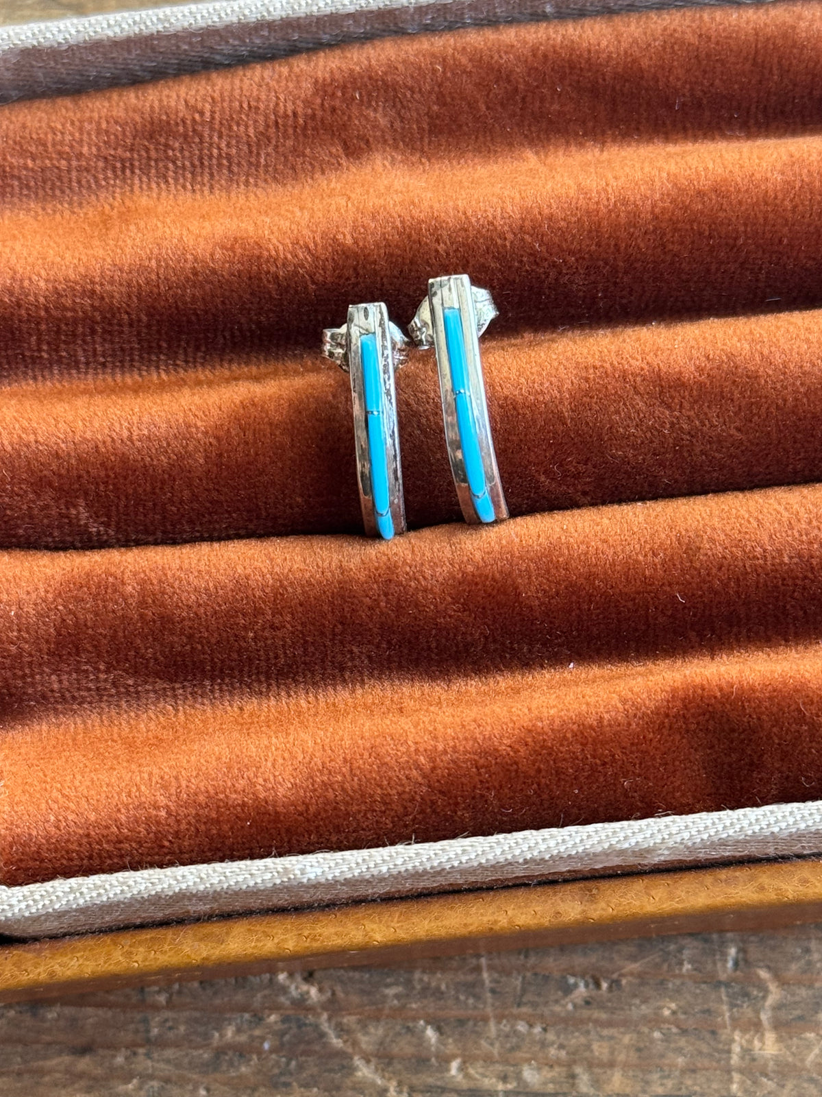 Vintage Sterling Silver Turquoise Inlay Crescent Hoops