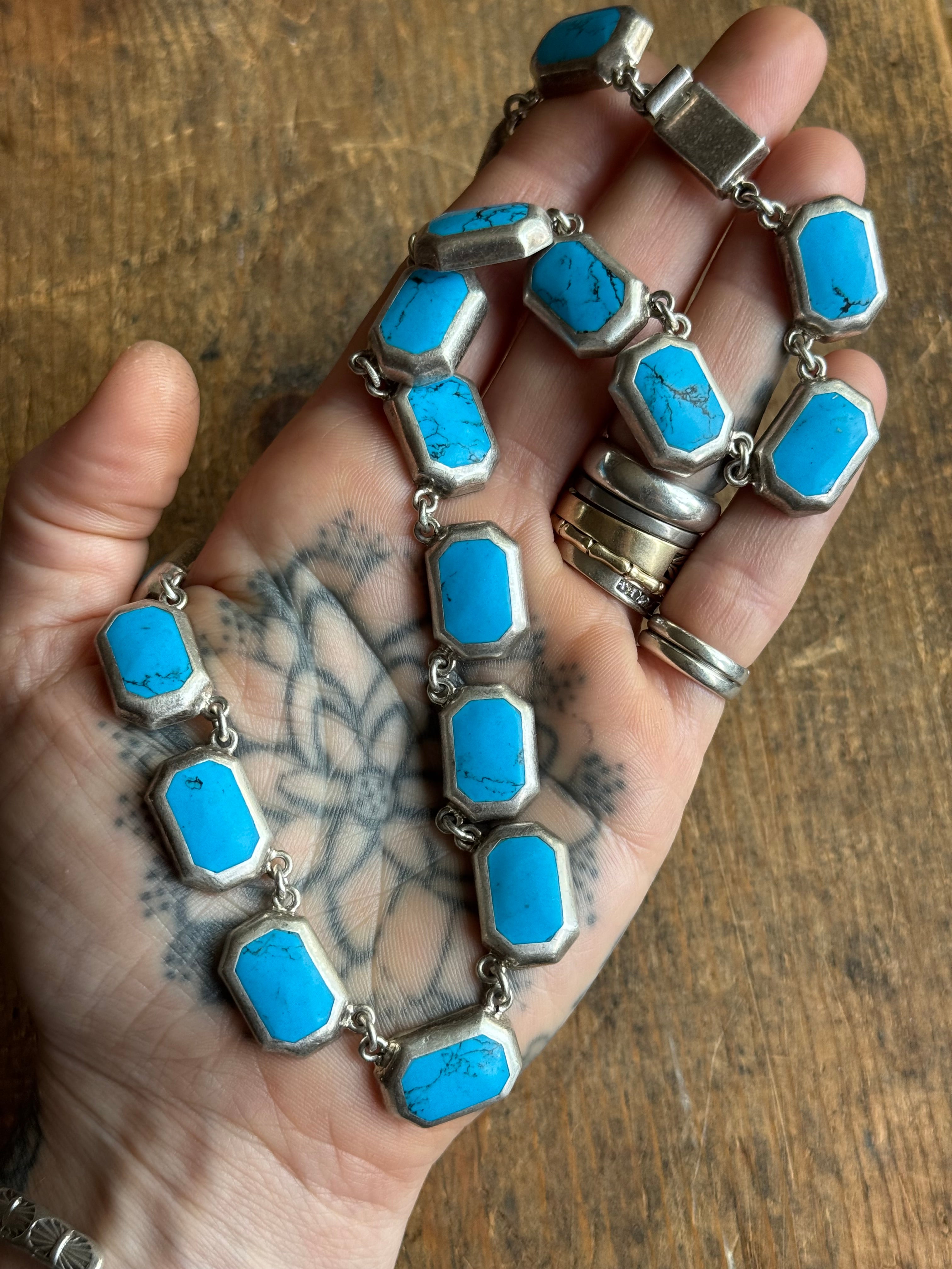 Vintage Sterling Silver 18” Turquoise Link Necklace