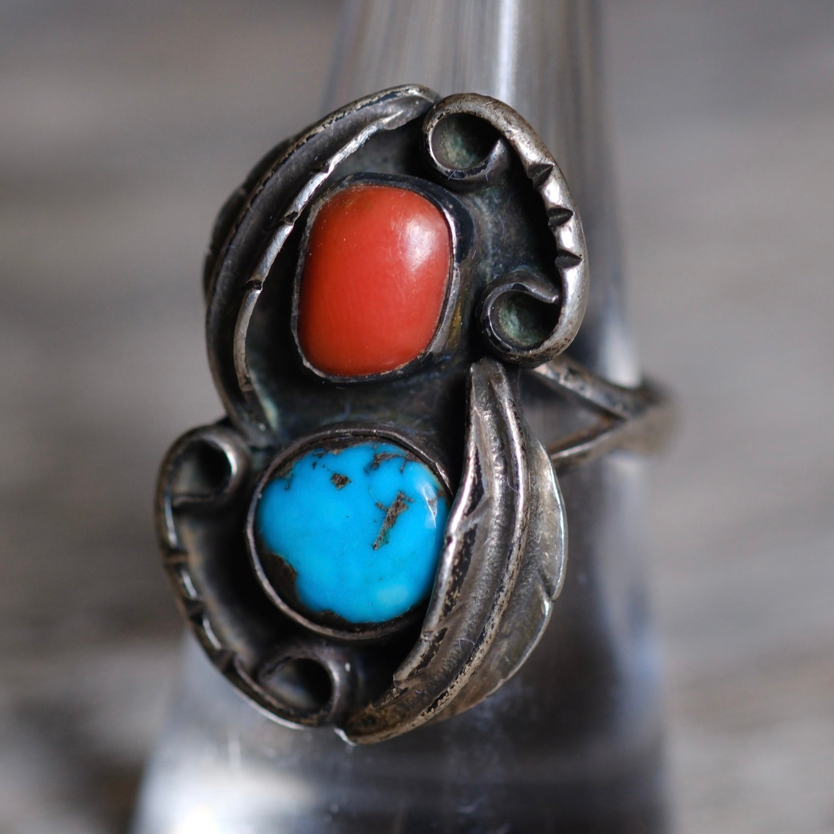 Vintage Sterling Turquoise and Coral Feather Ring 7.75