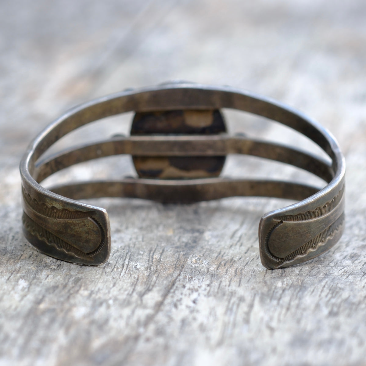 Vintage Sterling Silver Agate Stamped Cuff Bracelet