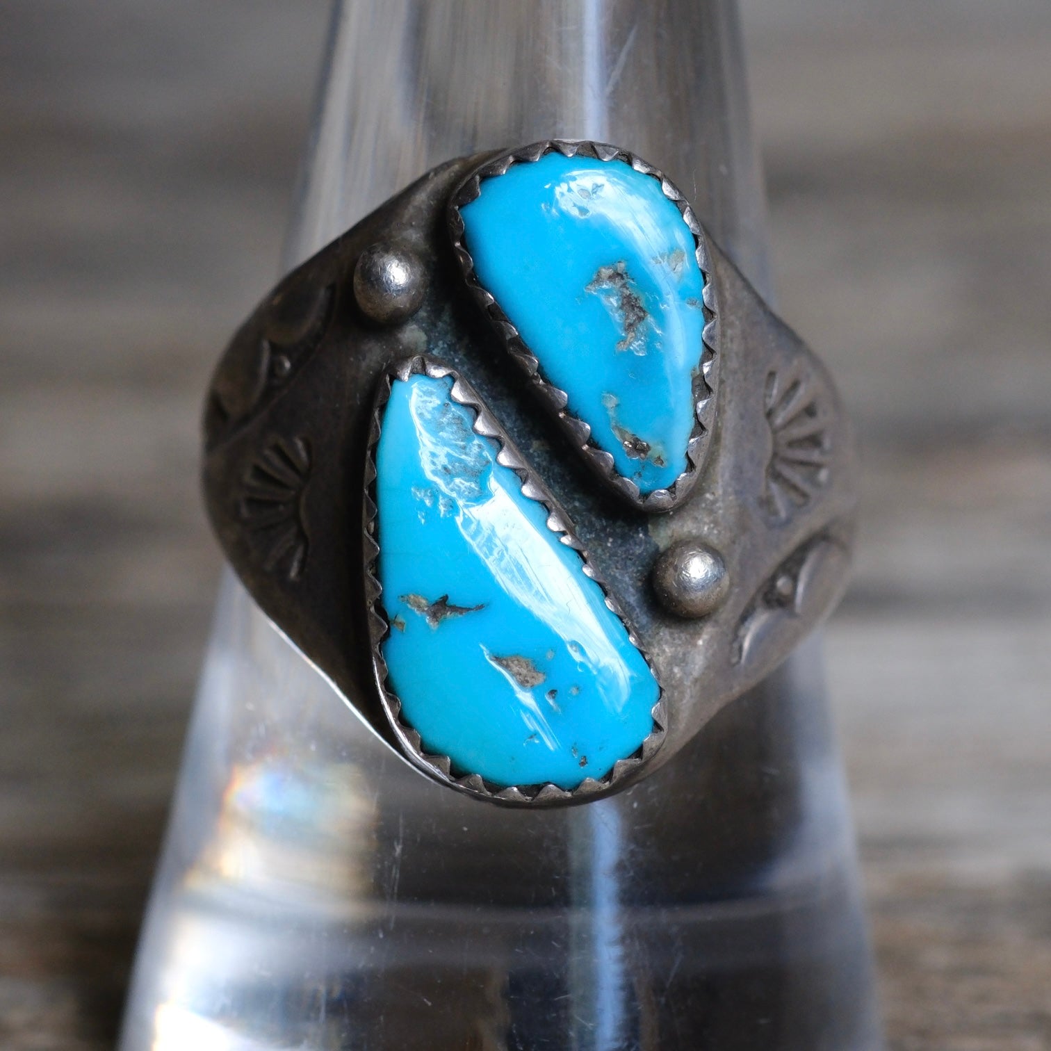 Vintage Sterling 2-Stone Turquoise Stamped Band Ring 9.25