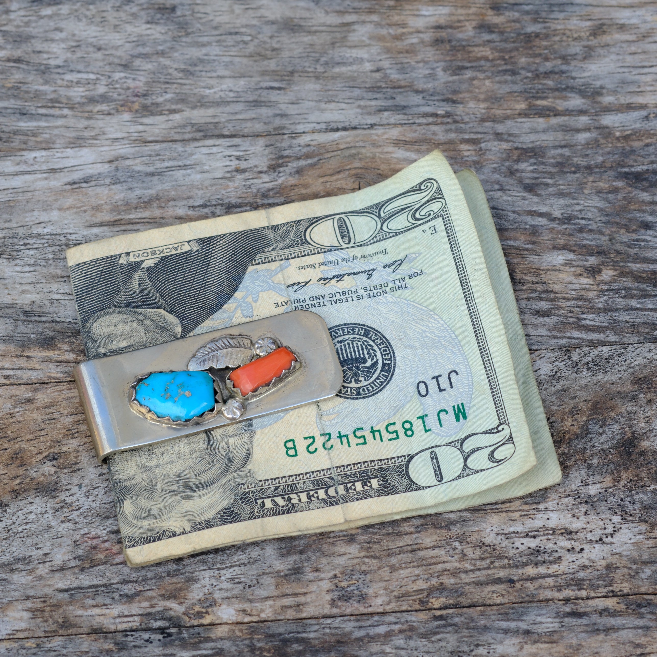 Vintage Turquoise and Coral Feather Money Clip