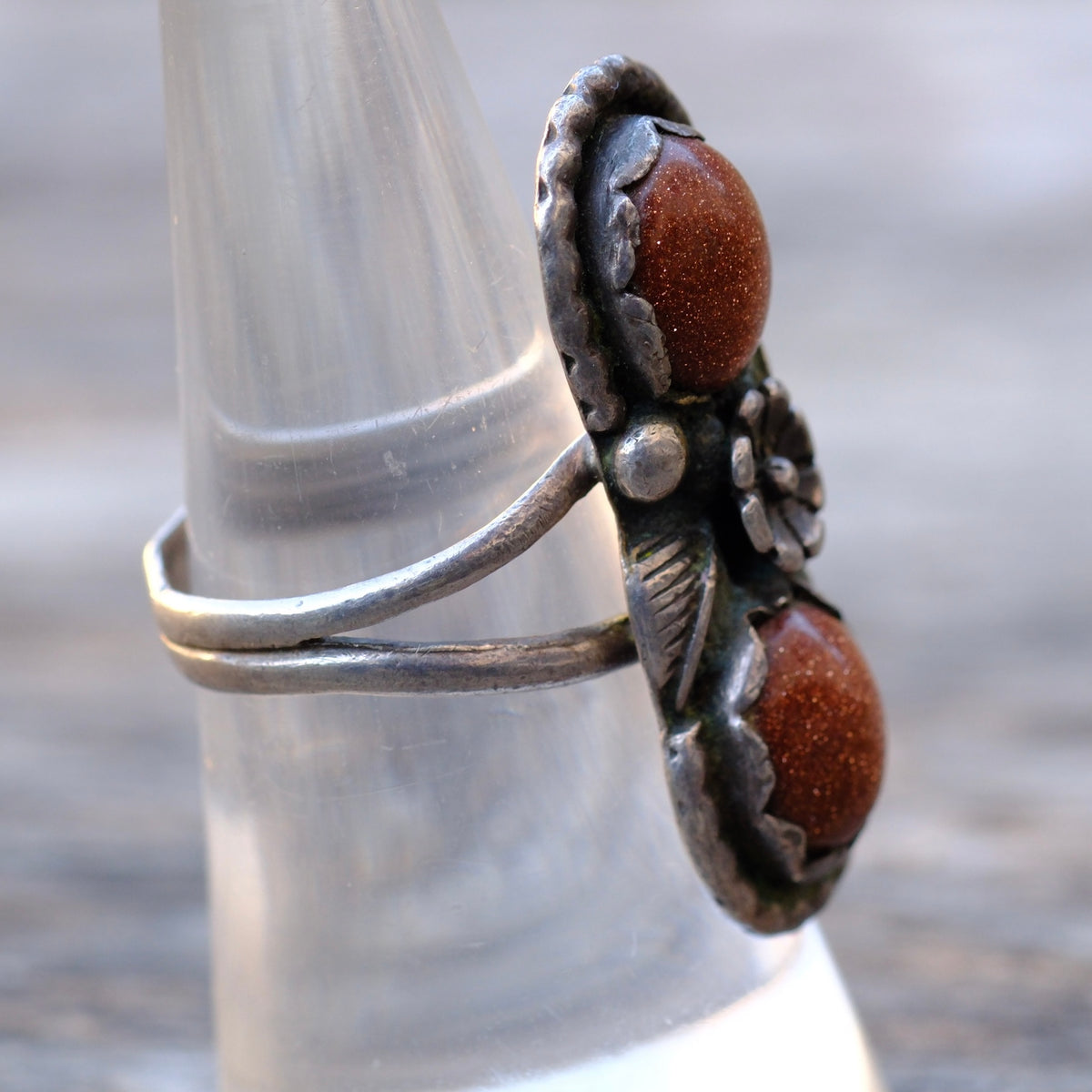 Vintage Sterling 2-Stone Goldstone Blossom Ring 7.5