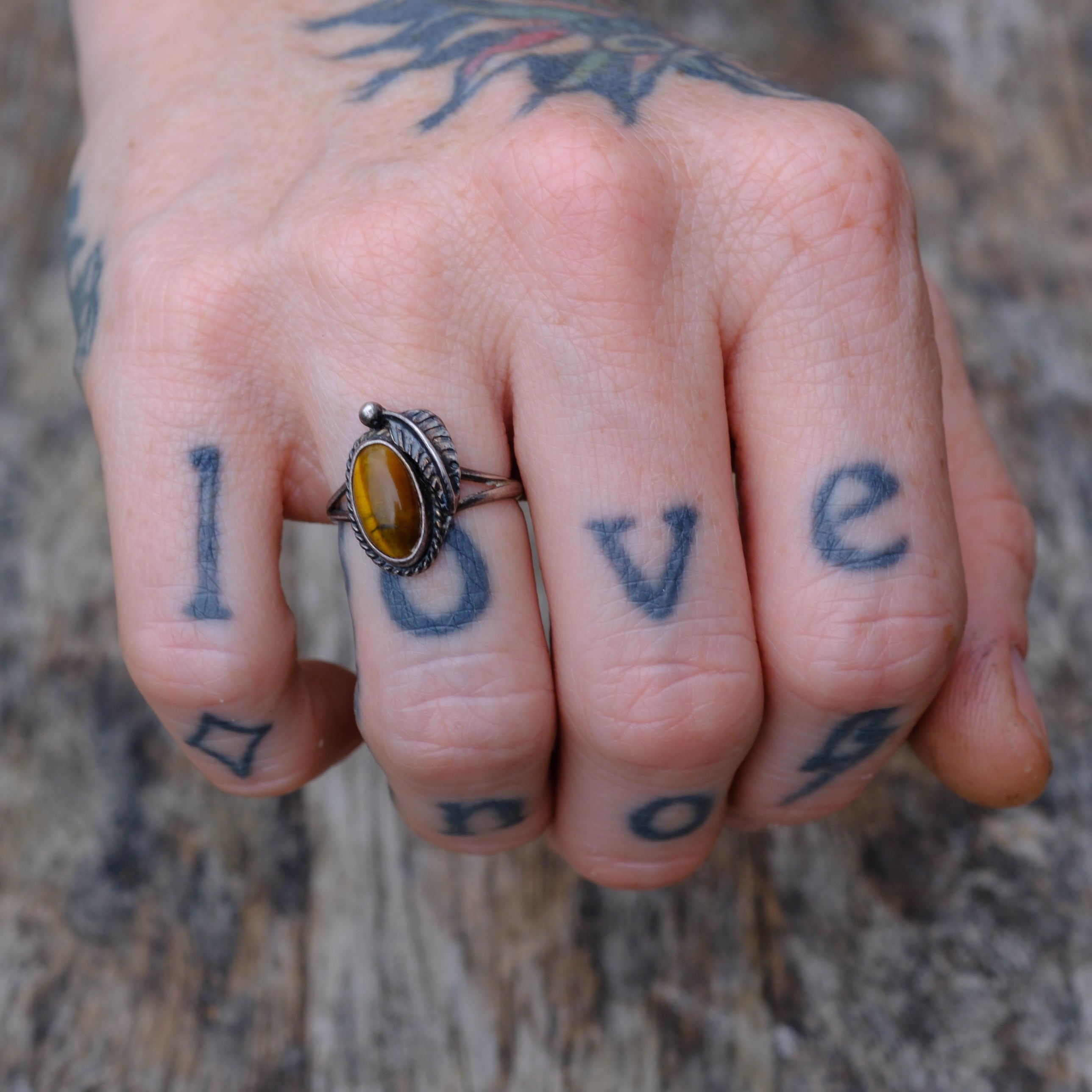 Vintage Sterling Tigers Eye Feather Ring 5.25